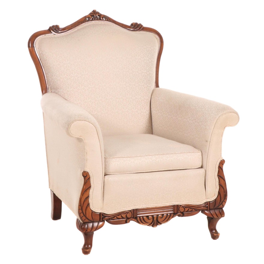 Damask Brocade Upholstered Carved Hardwood Armchair, 20th Century