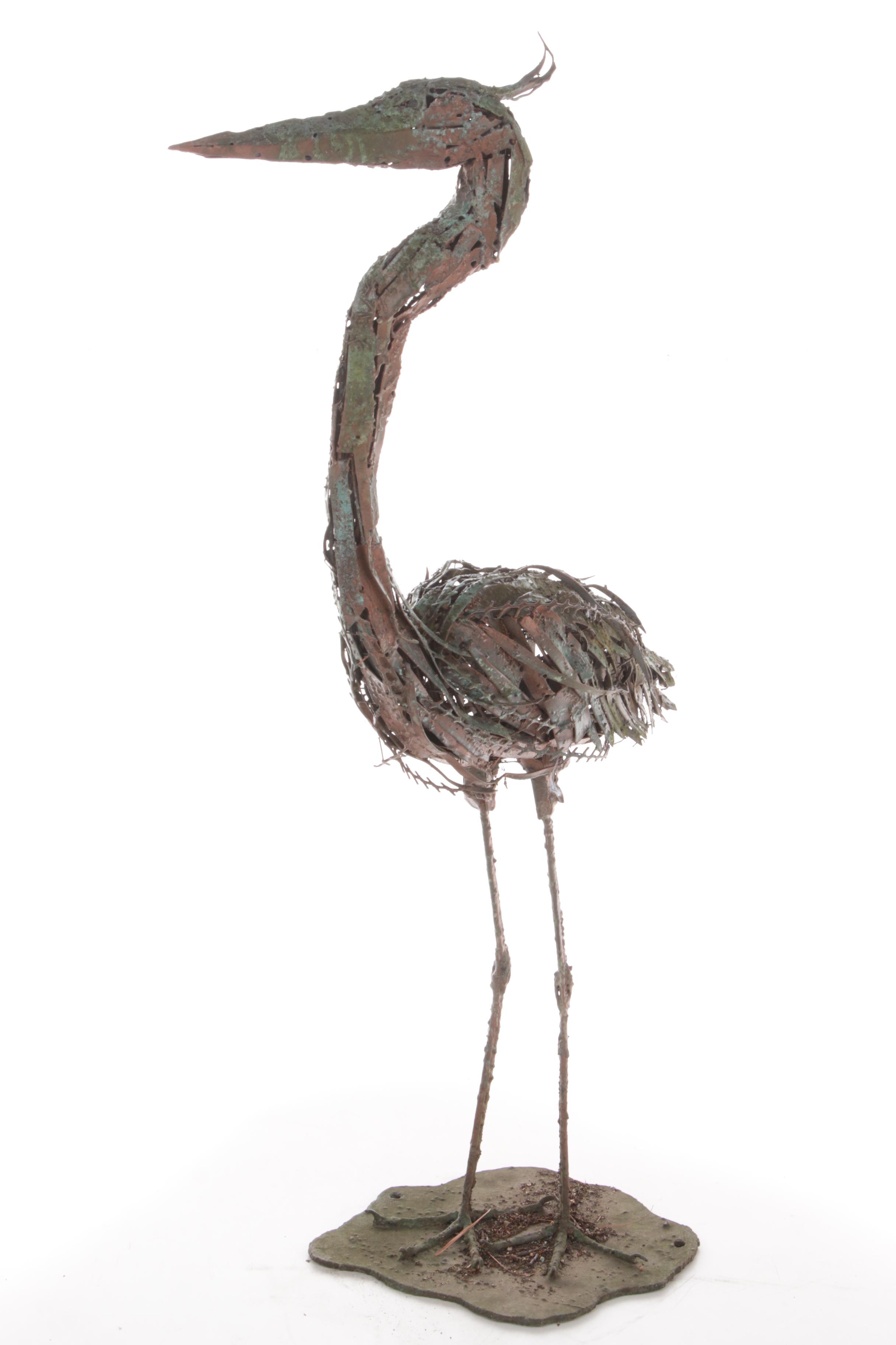 Welded Scrap Metal Outdoor Folk Sculpture of Heron