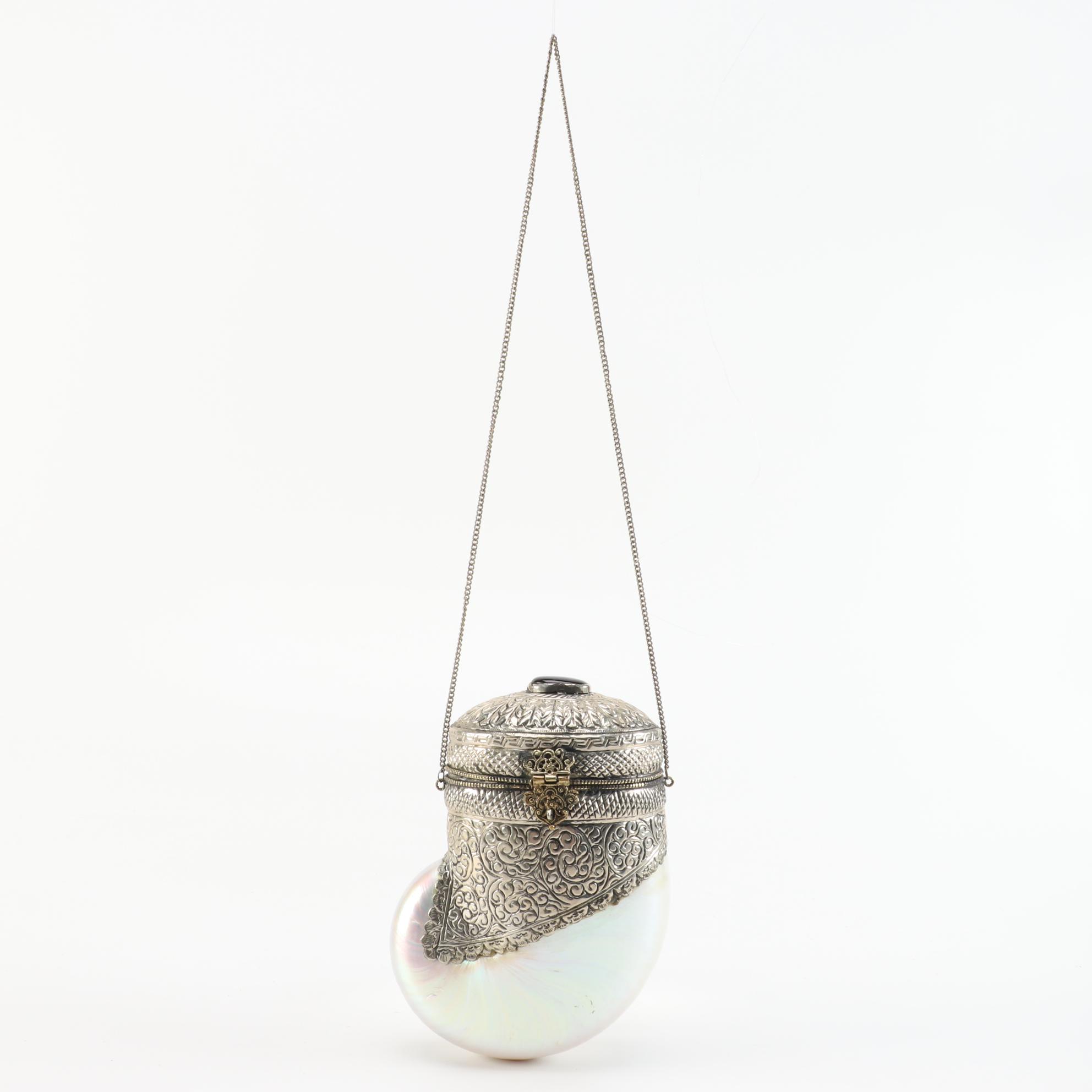 Pearlized Nautilus Shell and Metal Hinged Purse with Polished Cabochon