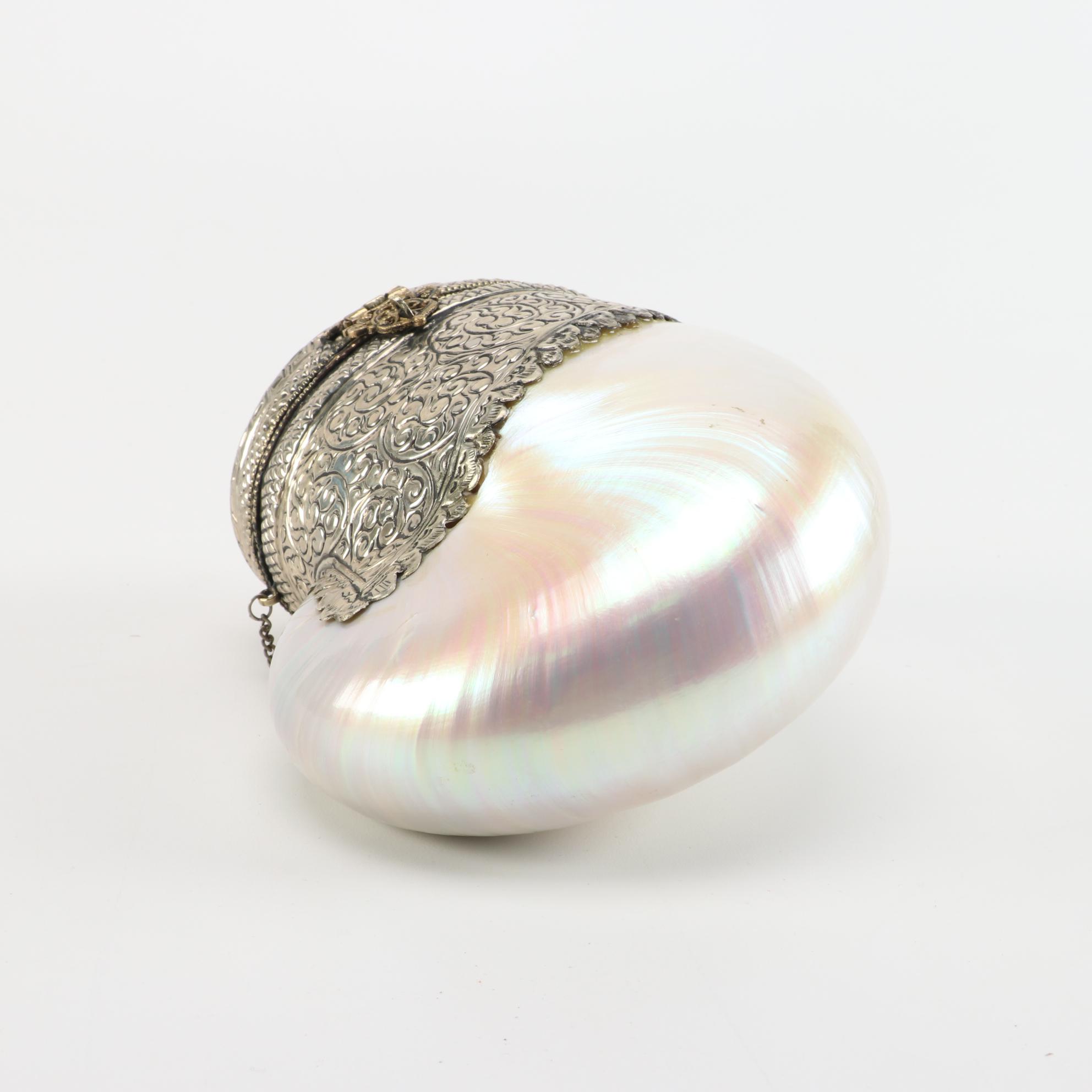 Pearlized Nautilus Shell and Metal Hinged Purse with Polished Cabochon