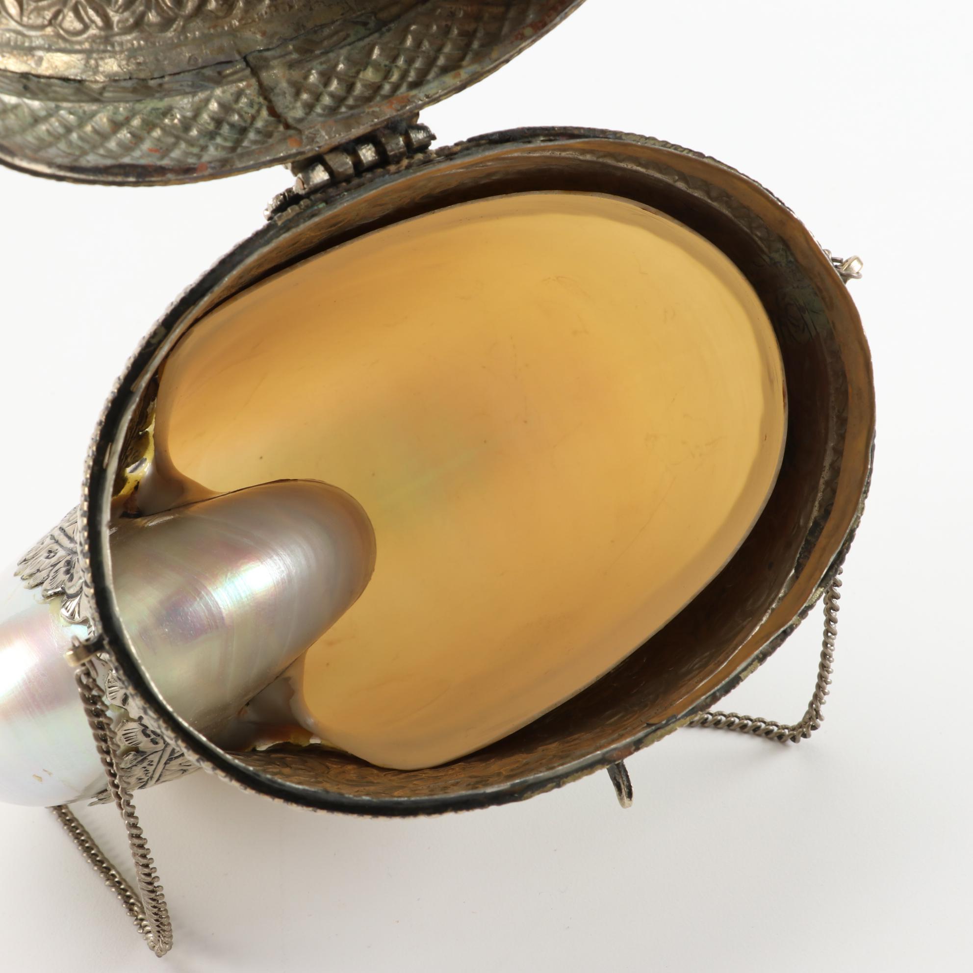 Pearlized Nautilus Shell and Metal Hinged Purse with Polished Cabochon