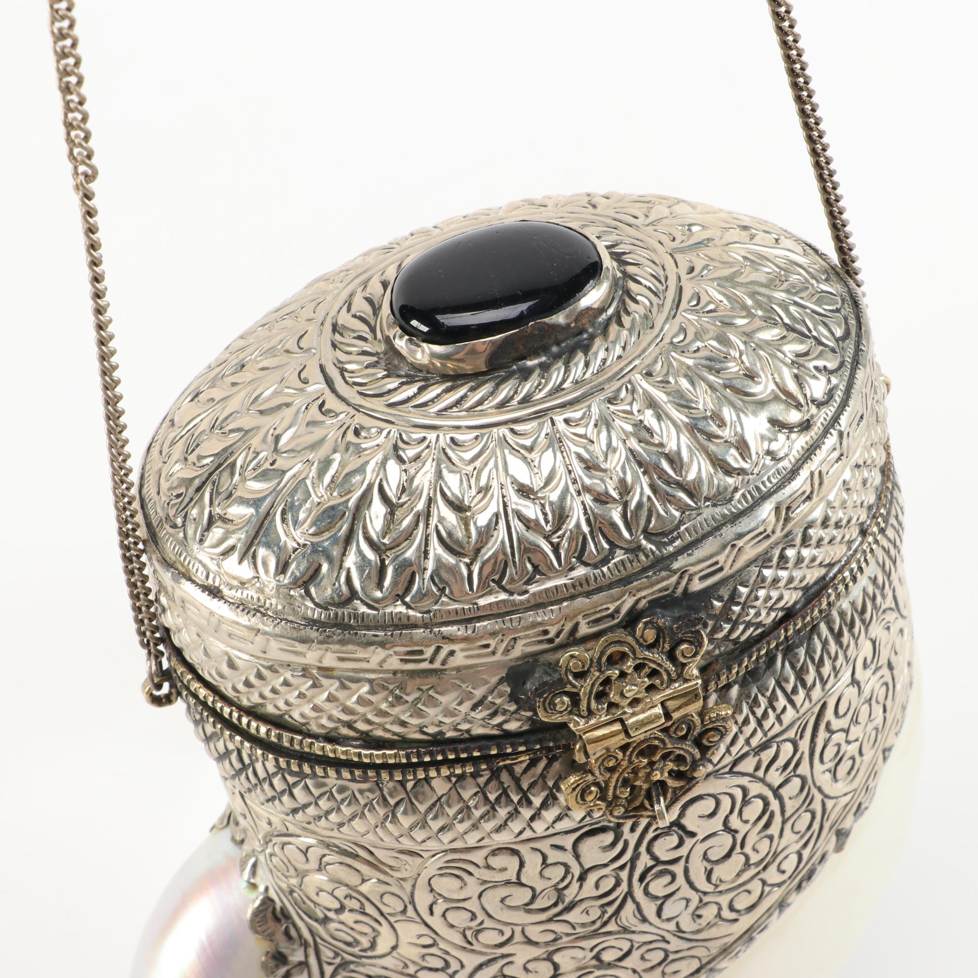 Pearlized Nautilus Shell and Metal Hinged Purse with Polished Cabochon