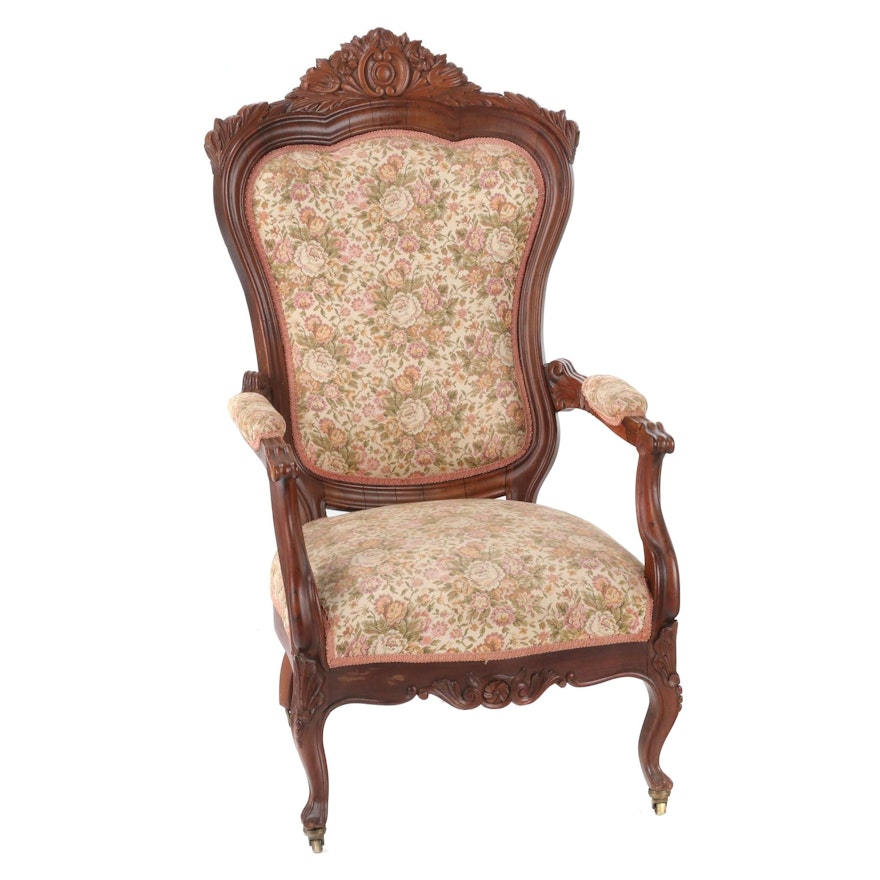 Victorian Carved Walnut Upholstered Arm Chair, Late 19th Century