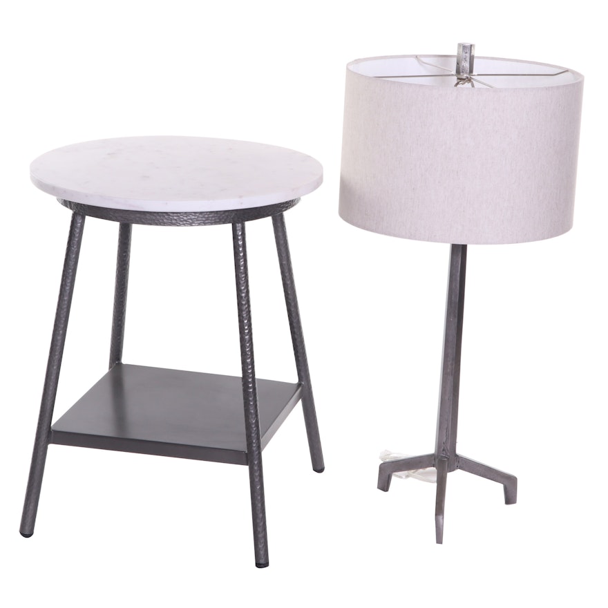 Hammered Metal and Marble Side Table with Modern Steel Table Lamp