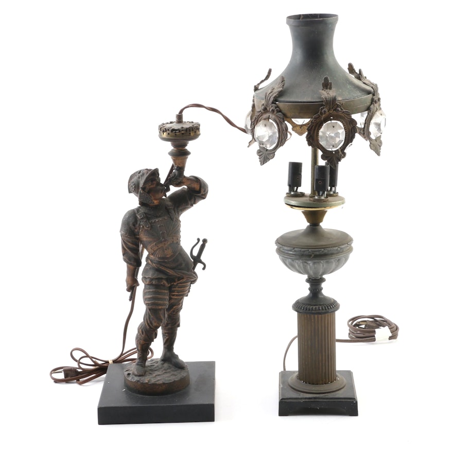 Cast Metal Medieval Soldier Table Lamp and Three-Light Neoclassical Style Lamp