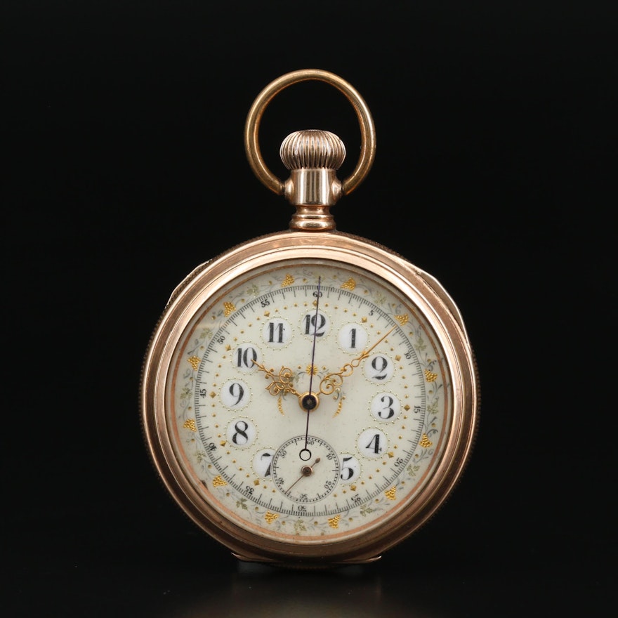 E. Huguenin Swiss Chronograph Gold Filled Open Face Pocket Watch