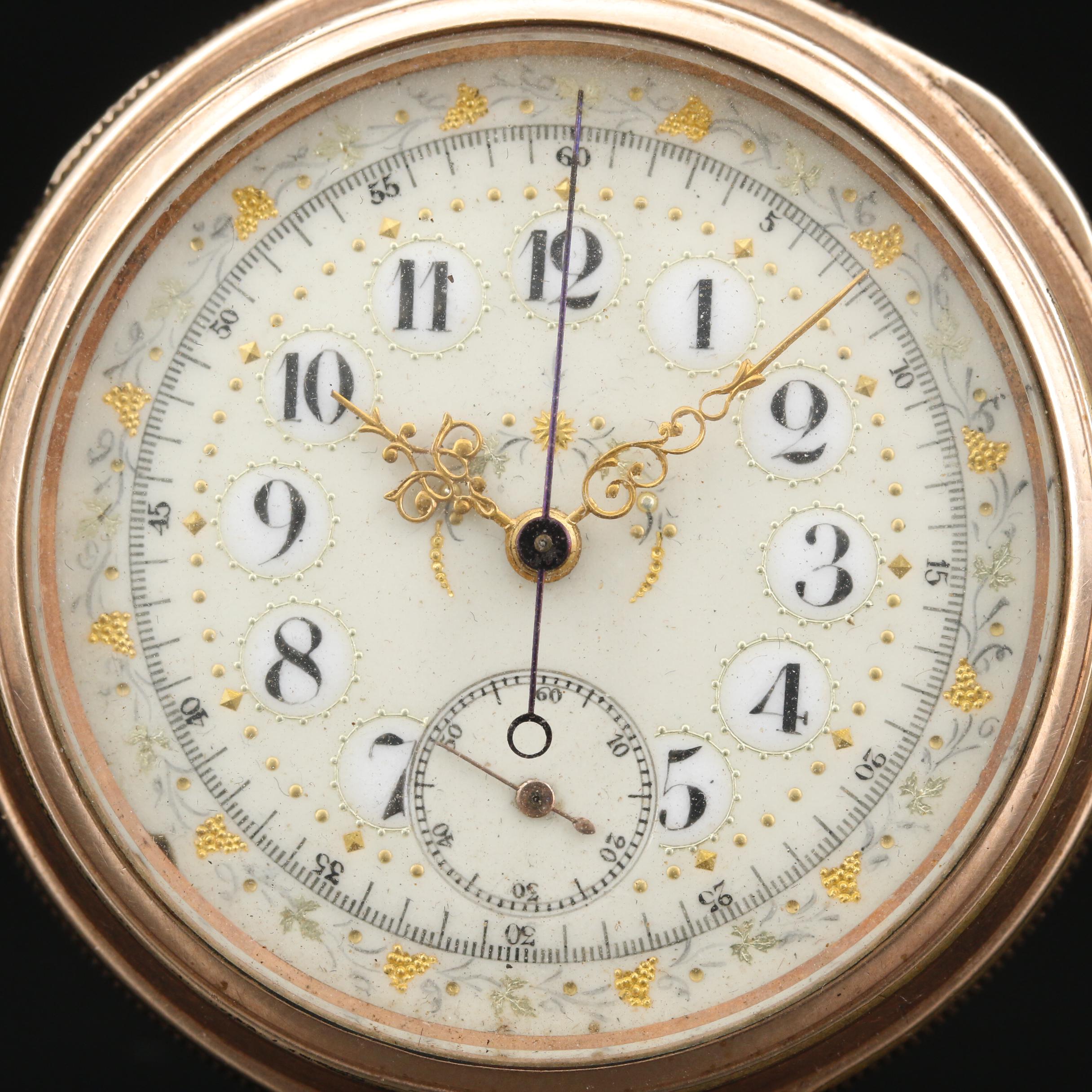 E. Huguenin Swiss Chronograph Gold Filled Open Face Pocket Watch