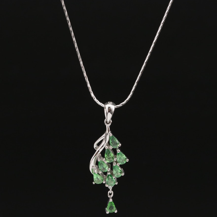 Sterling Silver Diopside and Cubic Zirconia Waterfall Necklace