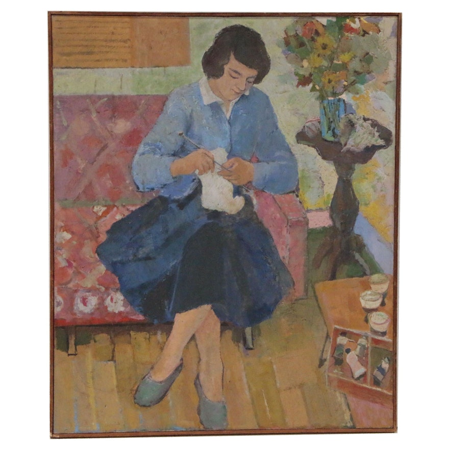 Figural Oil Painting "Knitting", Late 20th Century