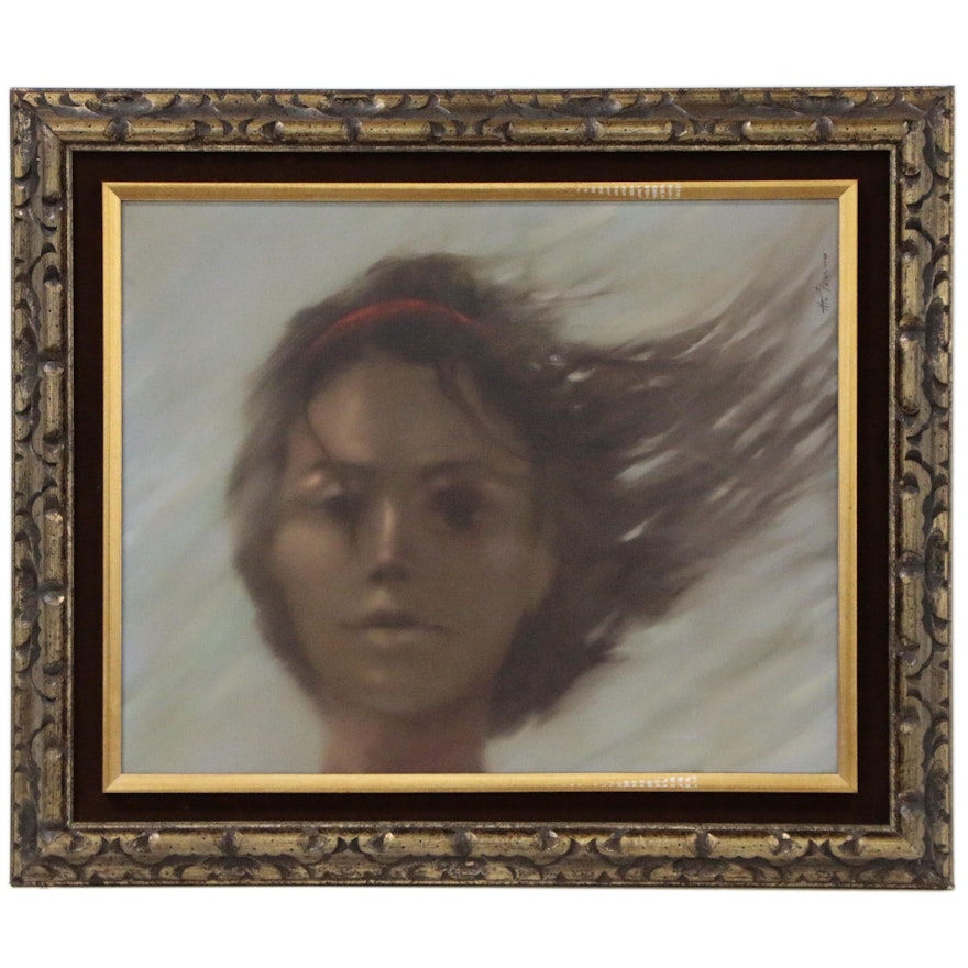 Anthony Michael Autorino Oil Painting of Hazy Female Portrait, Late 20th Century