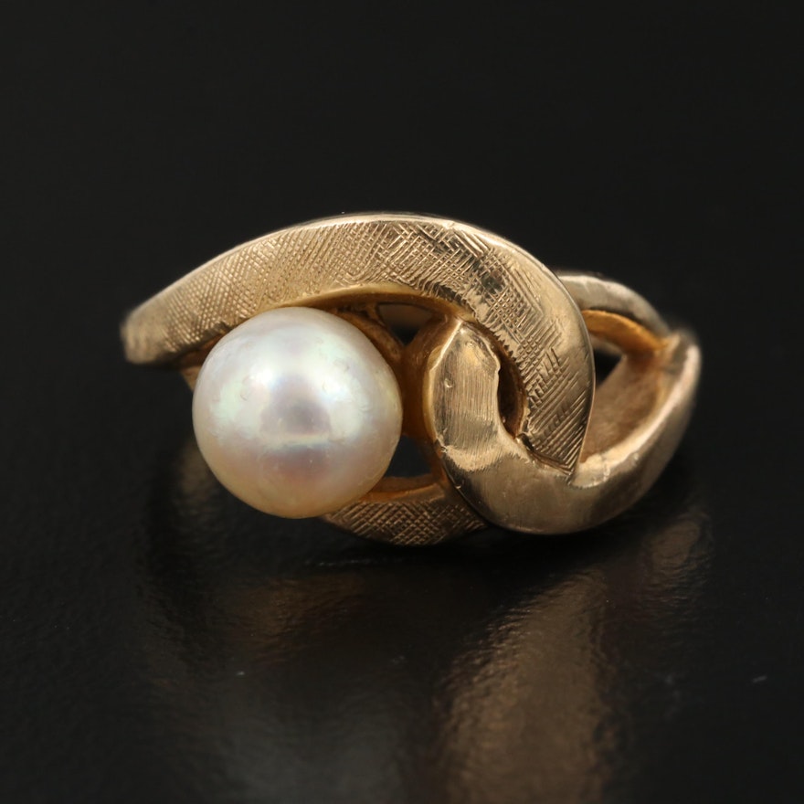 14K Pearl Ring with Florentine Finish Accent