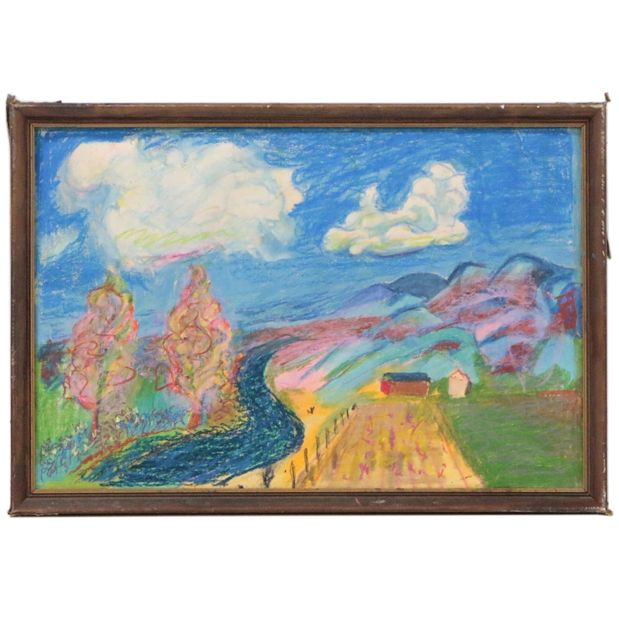 Abstract Landscape Pastel Drawing, Late 20th Century