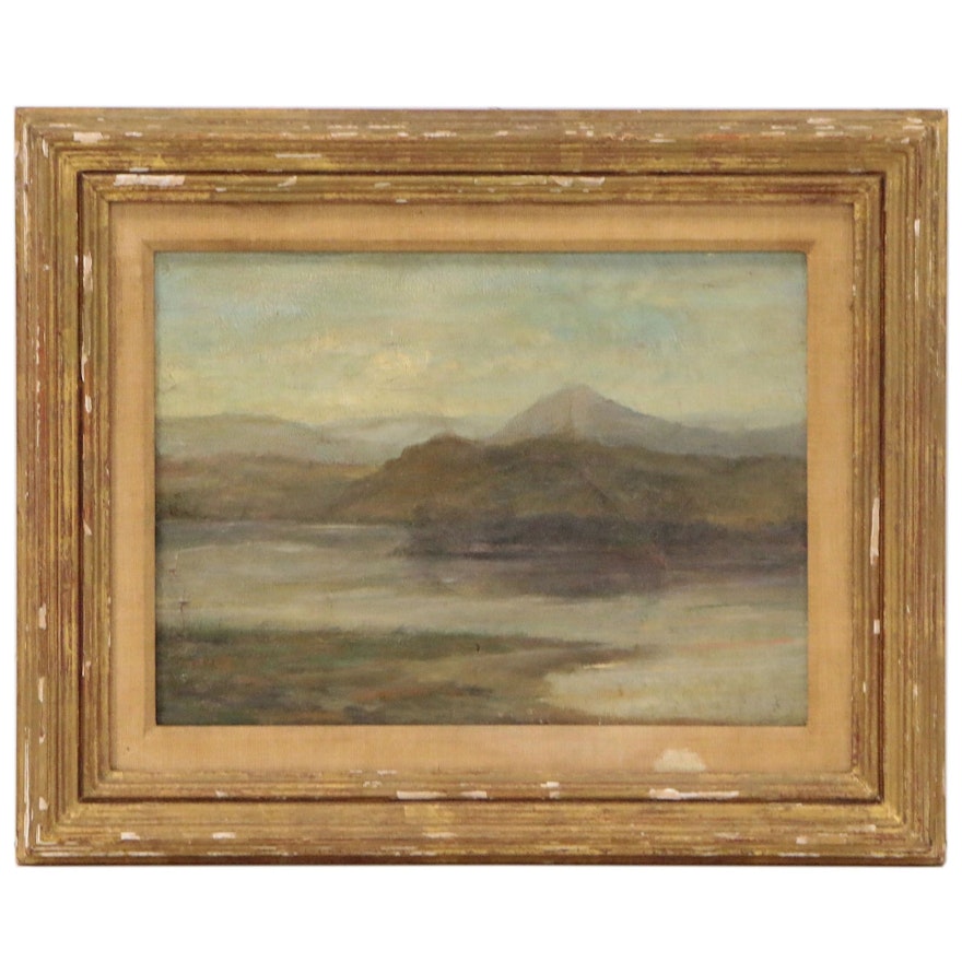 Lakeside Oil Painting with Mountains, Mid 20th Century