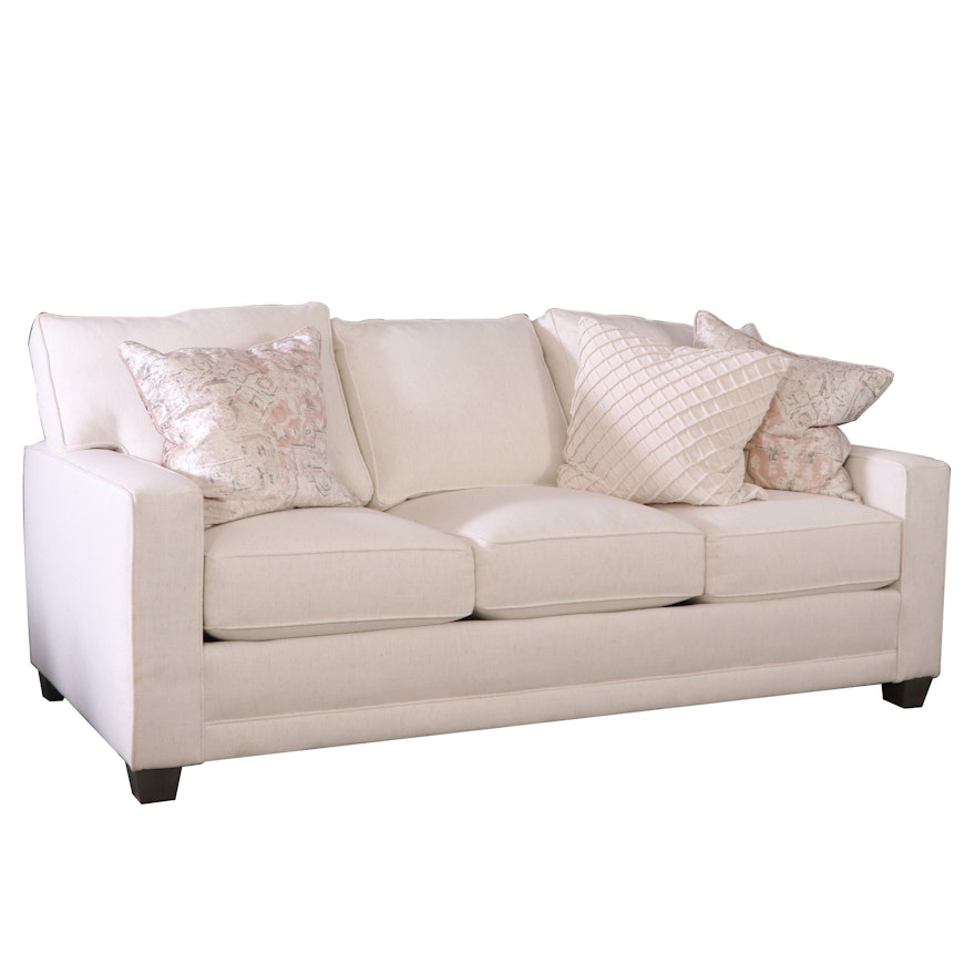 Rowe Furniture Cream Upholstered Sofa with Decorative Pillows