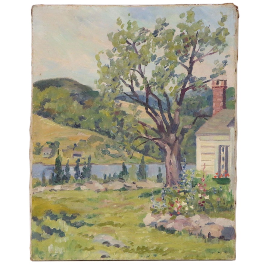 Landscape Oil Painting of Riverside House and Garden, Early 20th Century