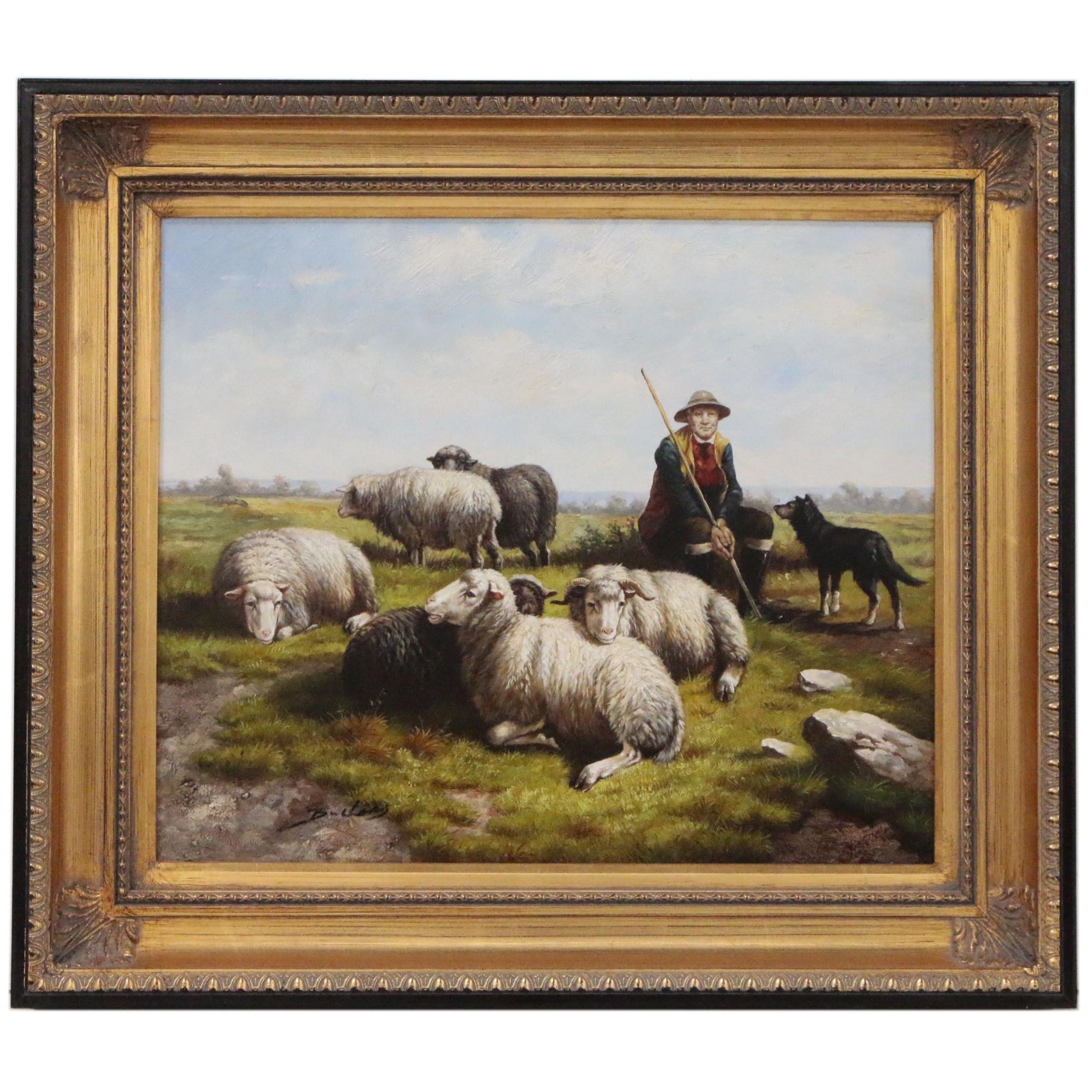 Pastoral Oil Painting of Shepherd with Sheep and Dog