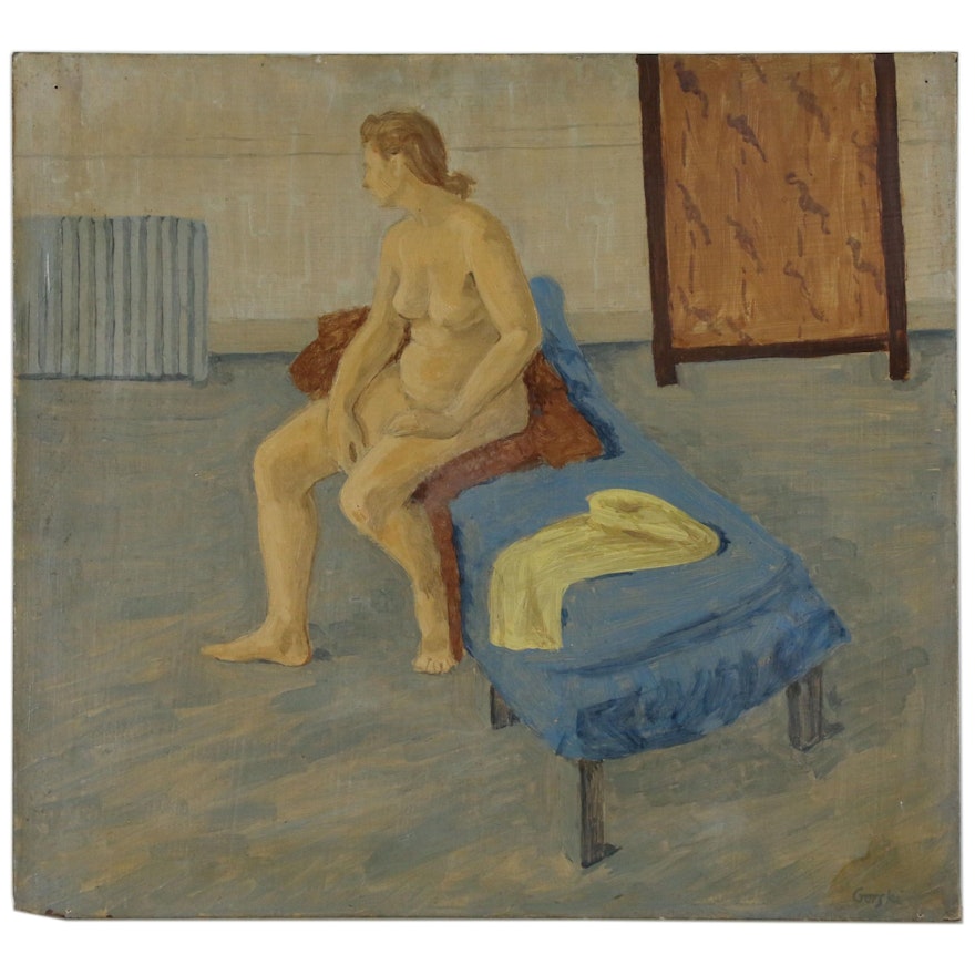 Figurative Oil Painting of Seated Nude, Mid 20th Century