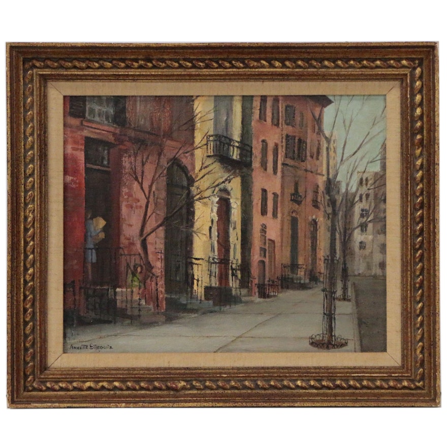 Annette Stieglitz Street Scene Oil Painting of Greenwich Village, Circa 1940