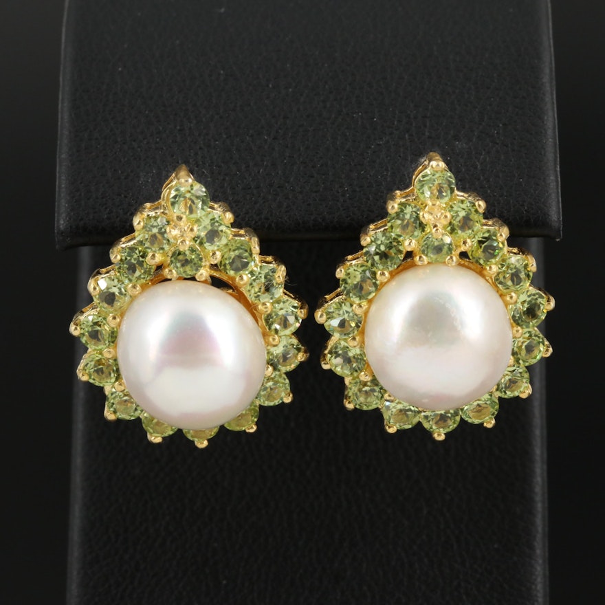 Sterling Pearl and Peridot Earrings