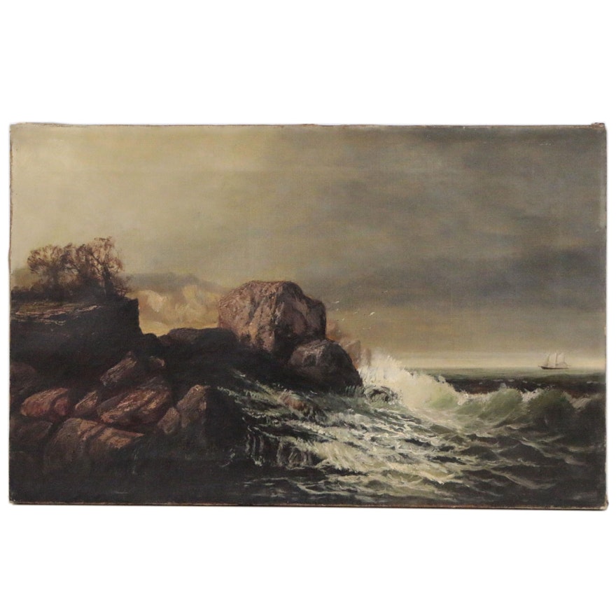 Rocky Coastline Seascape Oil Painting, Late 19th to Early 20th Century