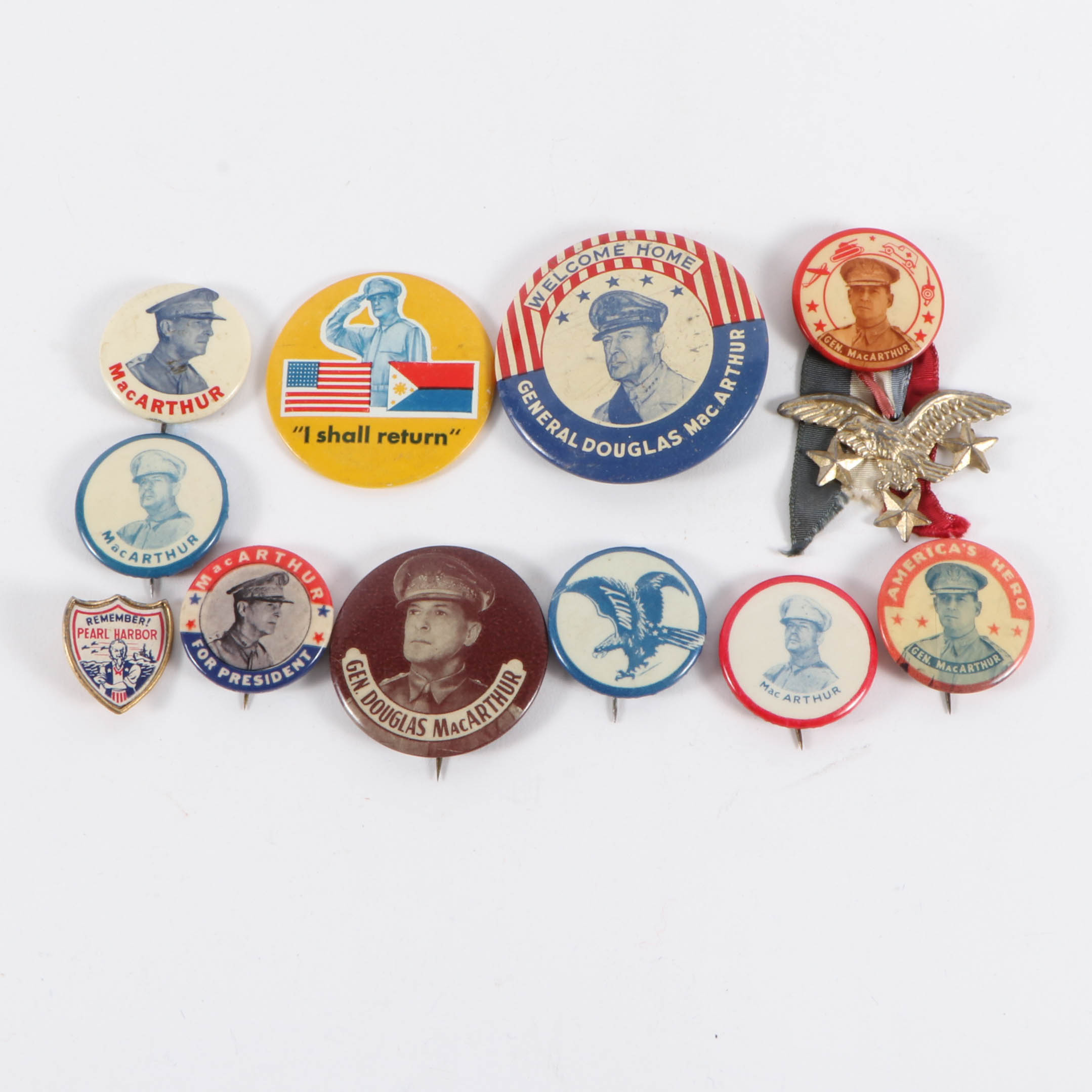 "Remember Pearl Harbor" Pin, "I Shall Return" Mirror and MacArthur Pinbacks