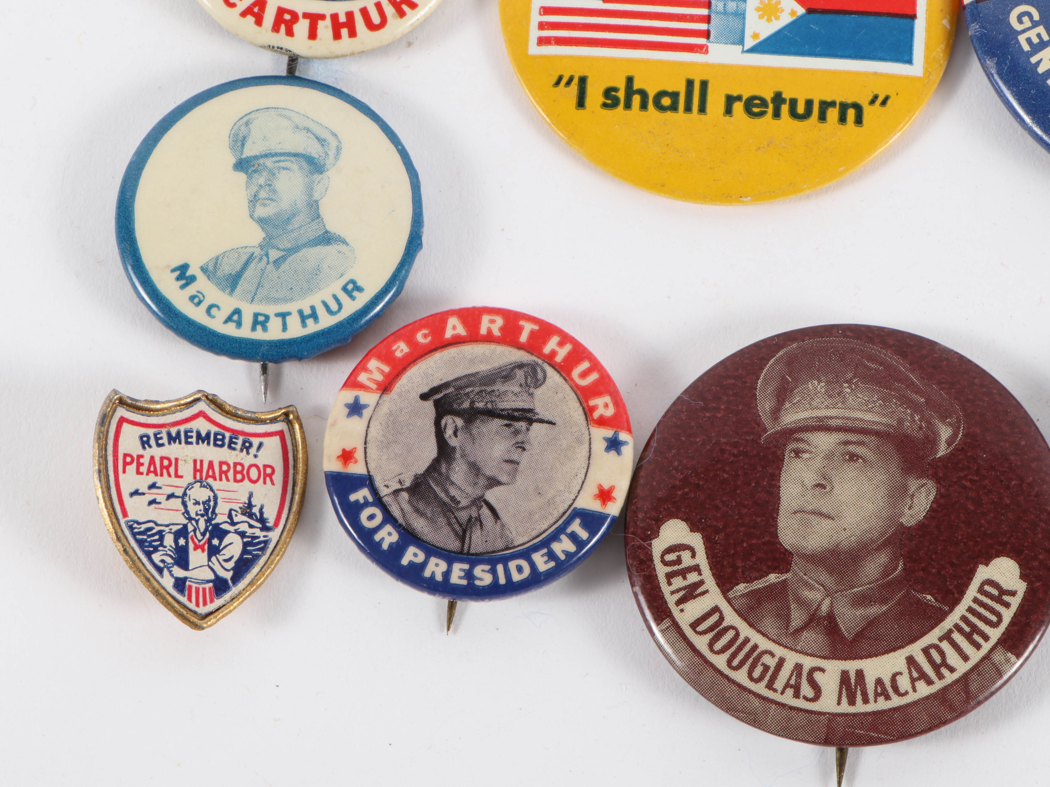 "Remember Pearl Harbor" Pin, "I Shall Return" Mirror and MacArthur Pinbacks