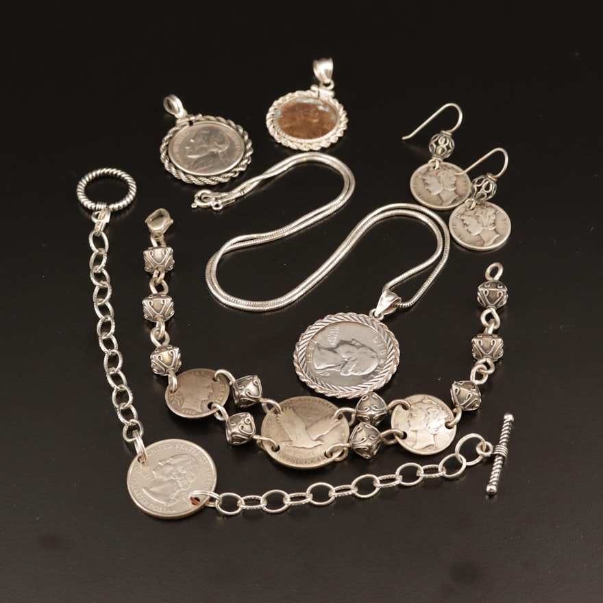 United States Coin Jewelry Including Sterling, Mercury and Barber Silver Dimes