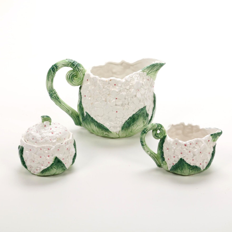 Fitz & Floyd "Hydrangea" Ceramic Pitcher, Creamer, and Sugar Bowl, 1990