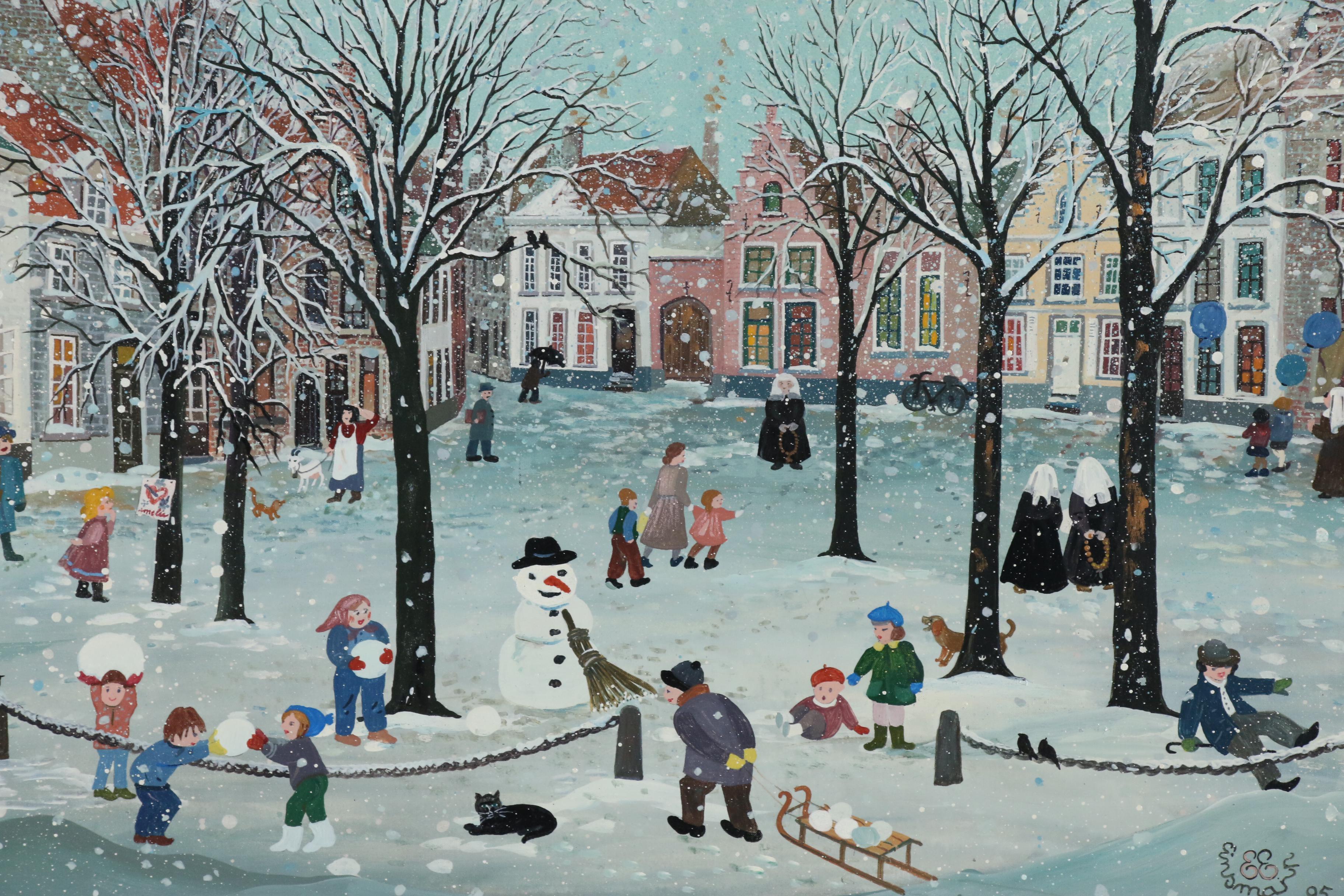 Elke Einsmann Oil and Gouache Painting "Winter in Belgium", 1995