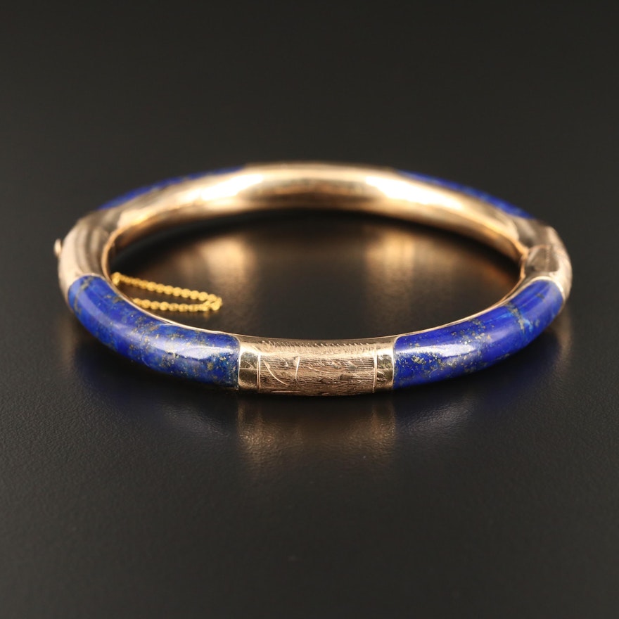 Vintage 14K Lapis Lazuli Hinged Bangle with Engraved Design