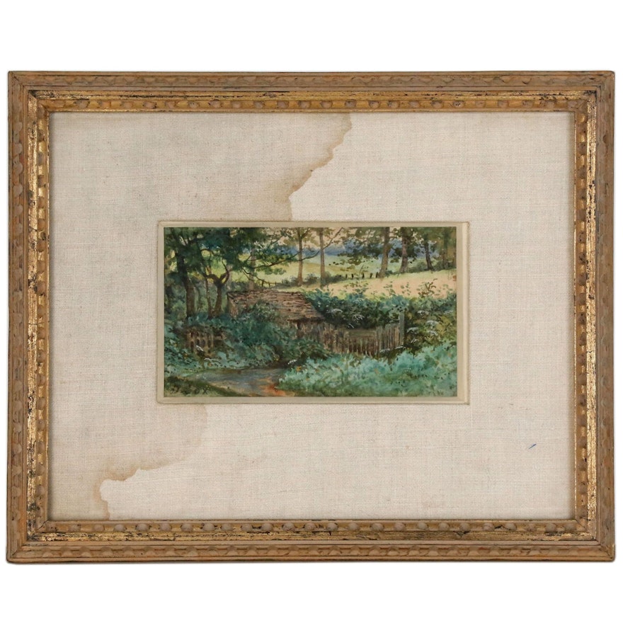 Countryside Landscape Watercolor Painting, Mid 20th Century