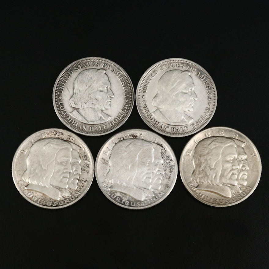 Five Columbus Commemorative Silver Half Dollars