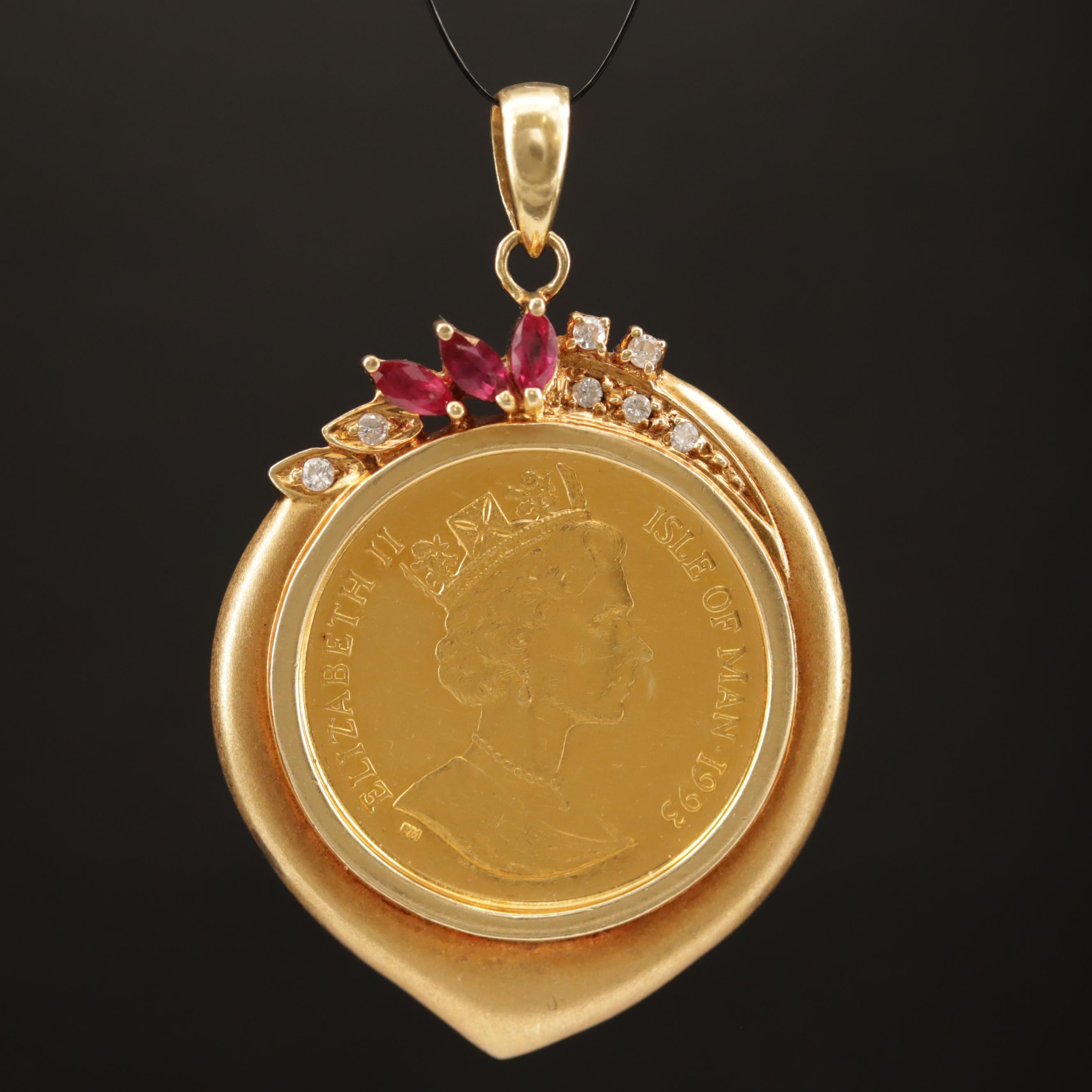 18K Ruby and Diamond Pendant with 1993 Isle of Man Maine Coon Cat Coin