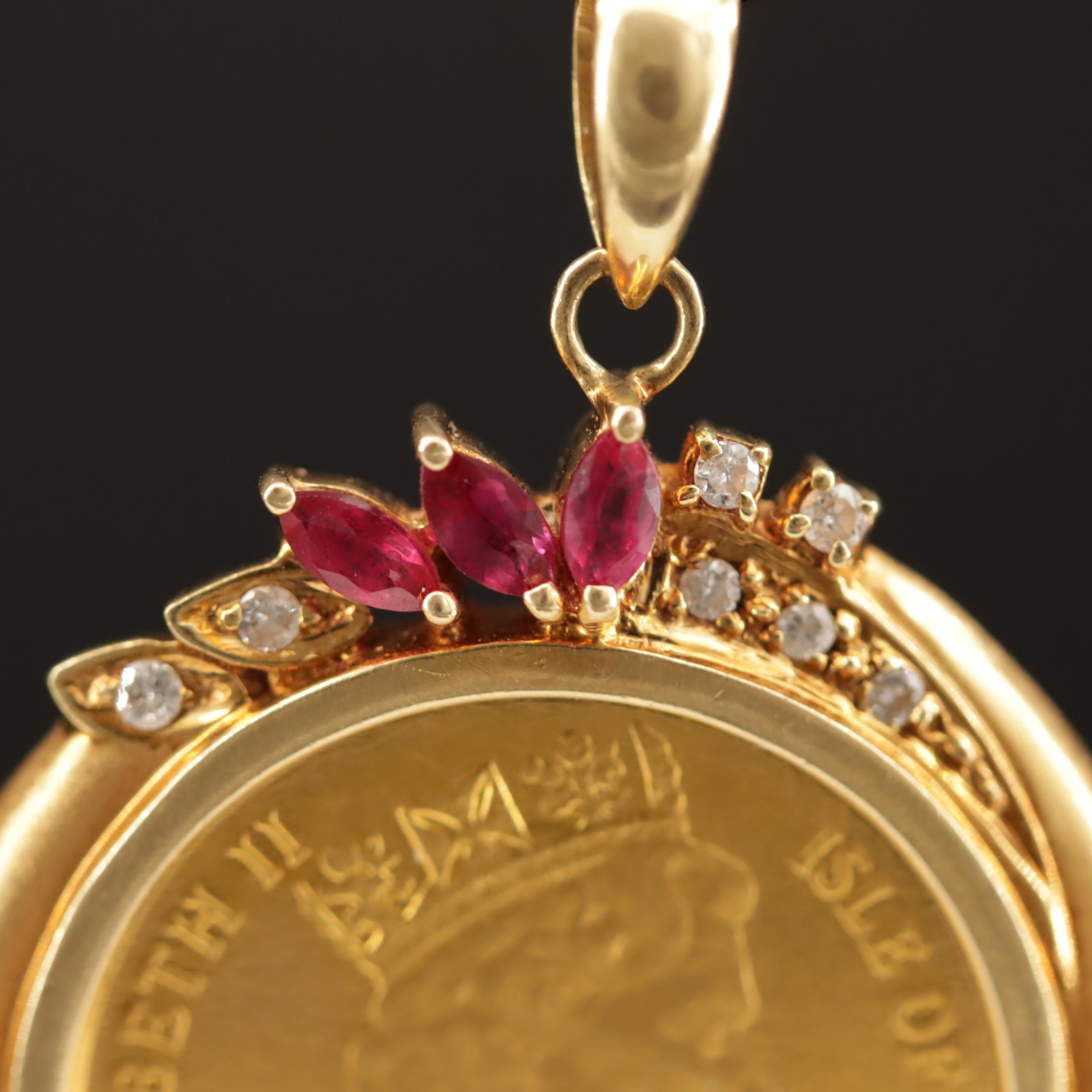 18K Ruby and Diamond Pendant with 1993 Isle of Man Maine Coon Cat Coin