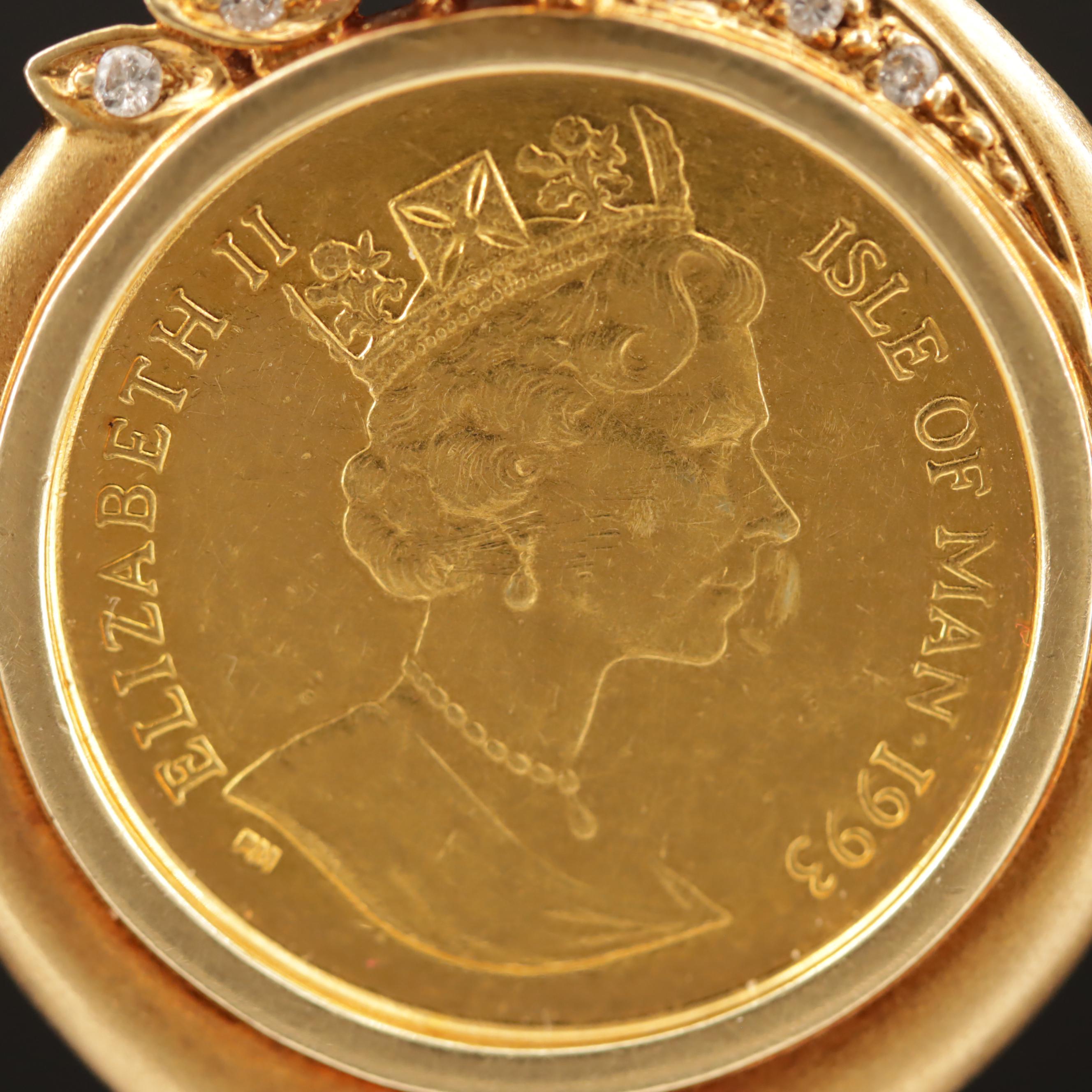 18K Ruby and Diamond Pendant with 1993 Isle of Man Maine Coon Cat Coin