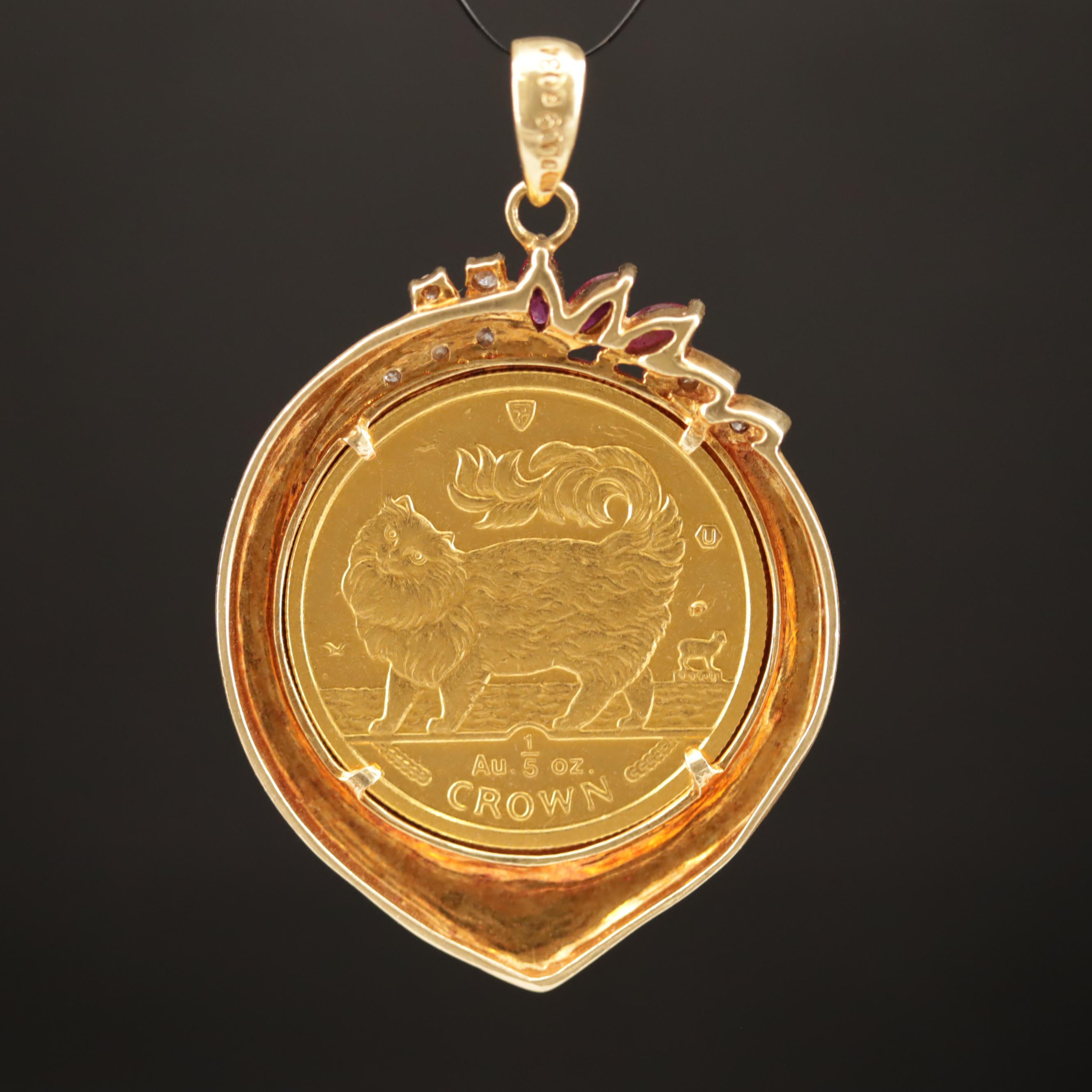 18K Ruby and Diamond Pendant with 1993 Isle of Man Maine Coon Cat Coin