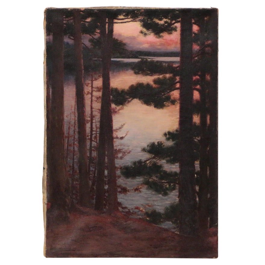 Landscape Oil Painting of Lake Scene at Sunset, Early 20th Century