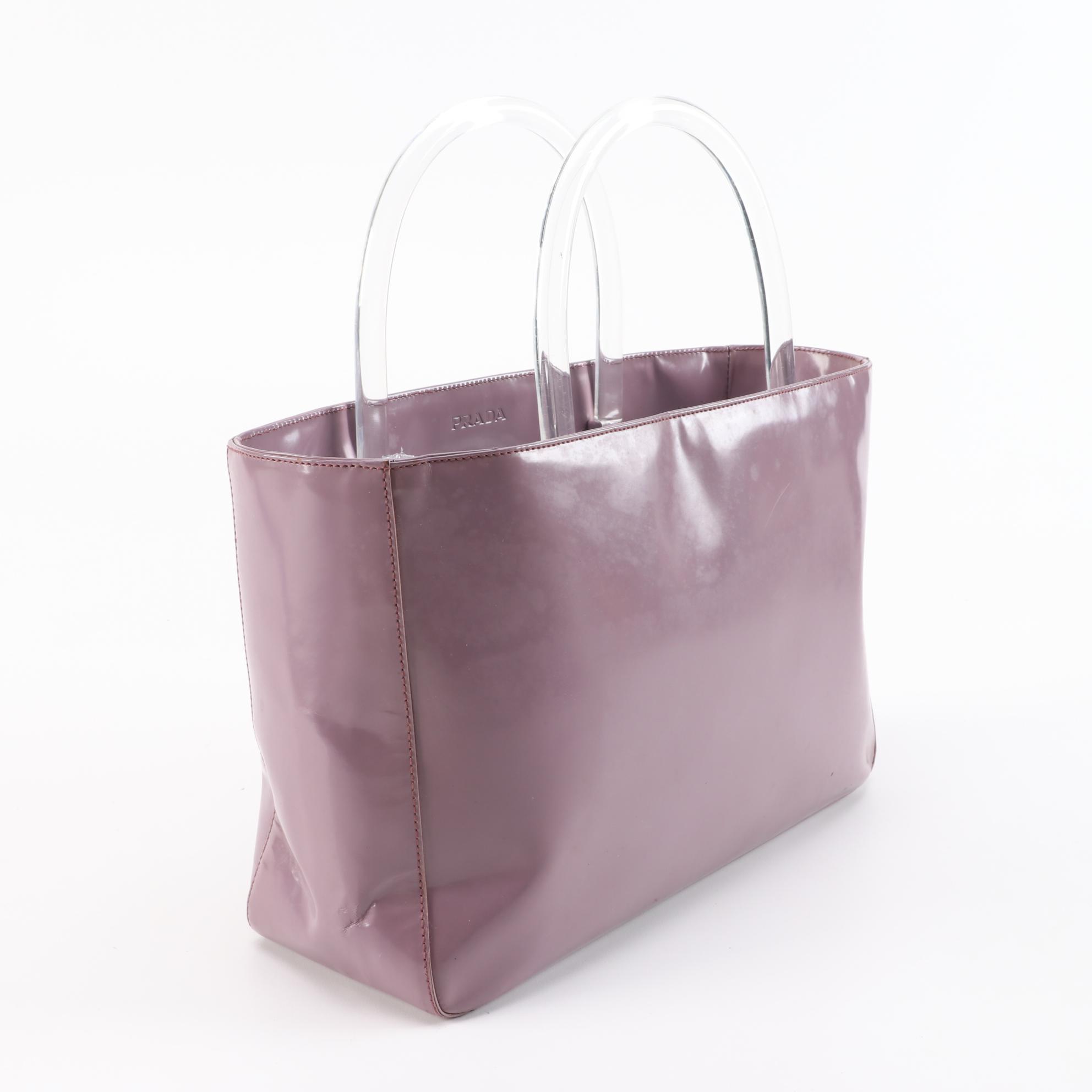Prada Glazed Leather Handbag in Lilac with Clear Acrylic Handles
