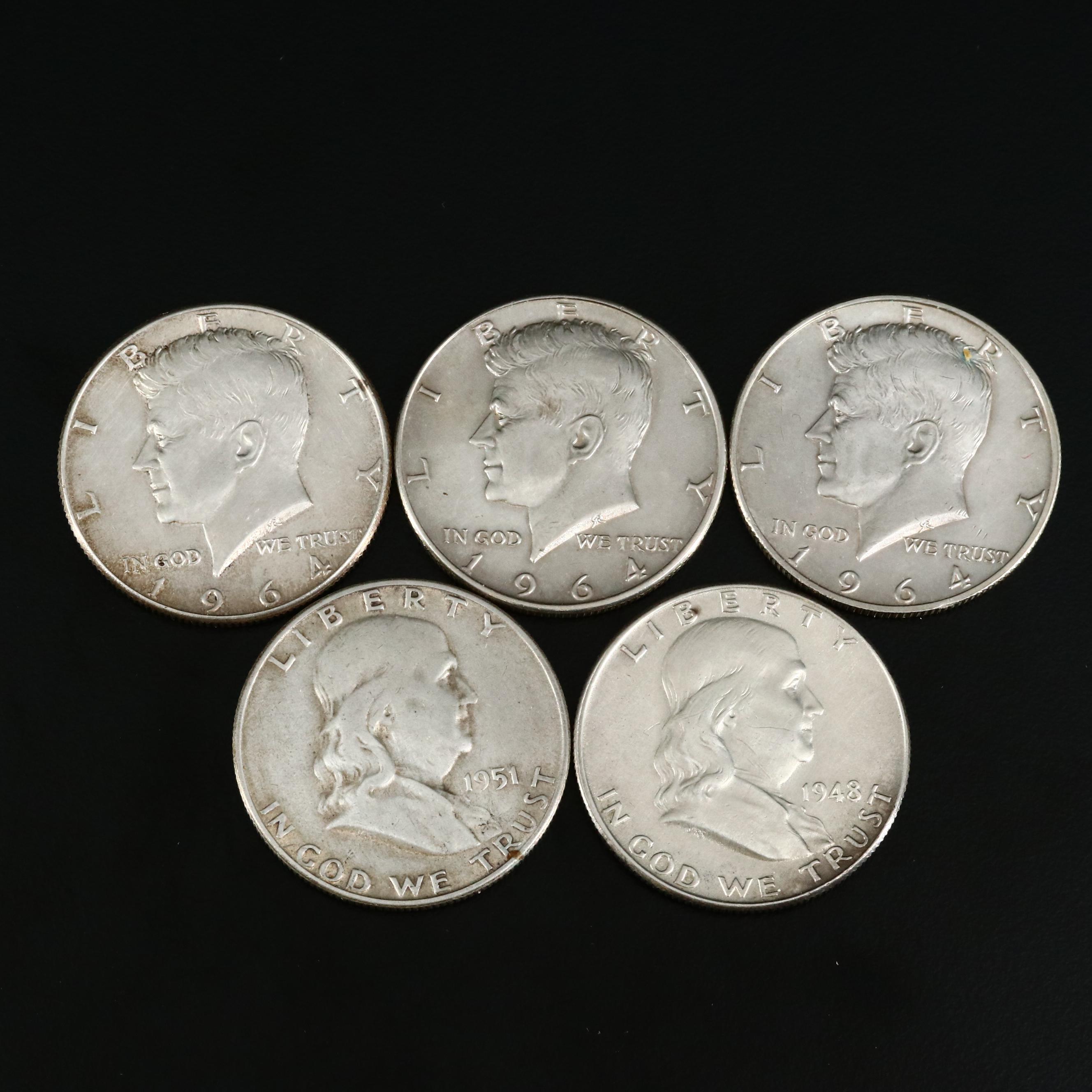 Five Franklin and Kennedy Silver Half Dollars