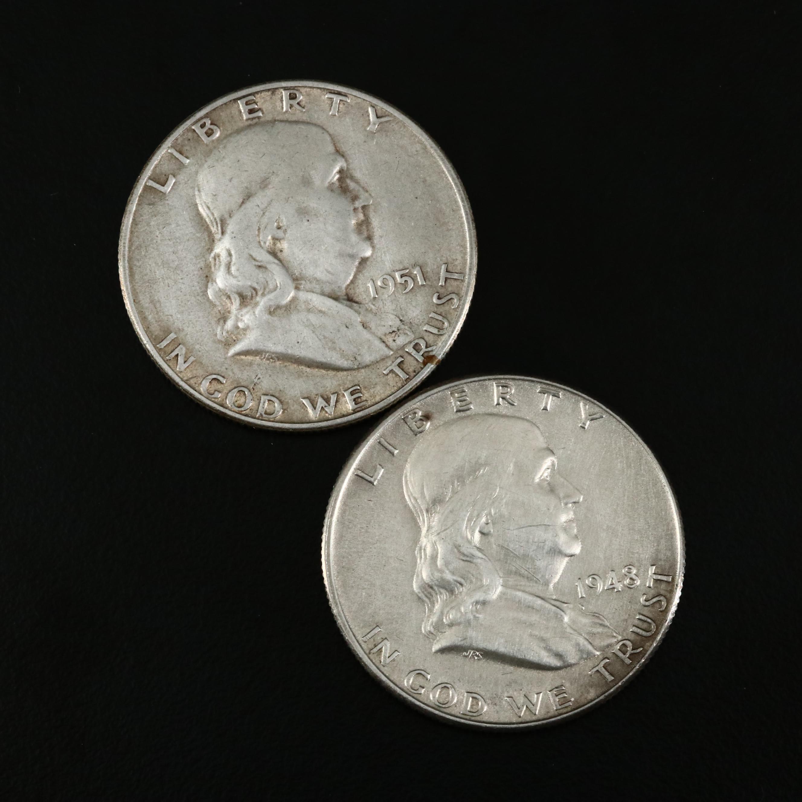 Five Franklin and Kennedy Silver Half Dollars