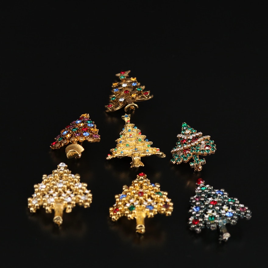 Eisenberg and Eisenberg Ice Rhinestone and Enamel Christmas Tree Brooches