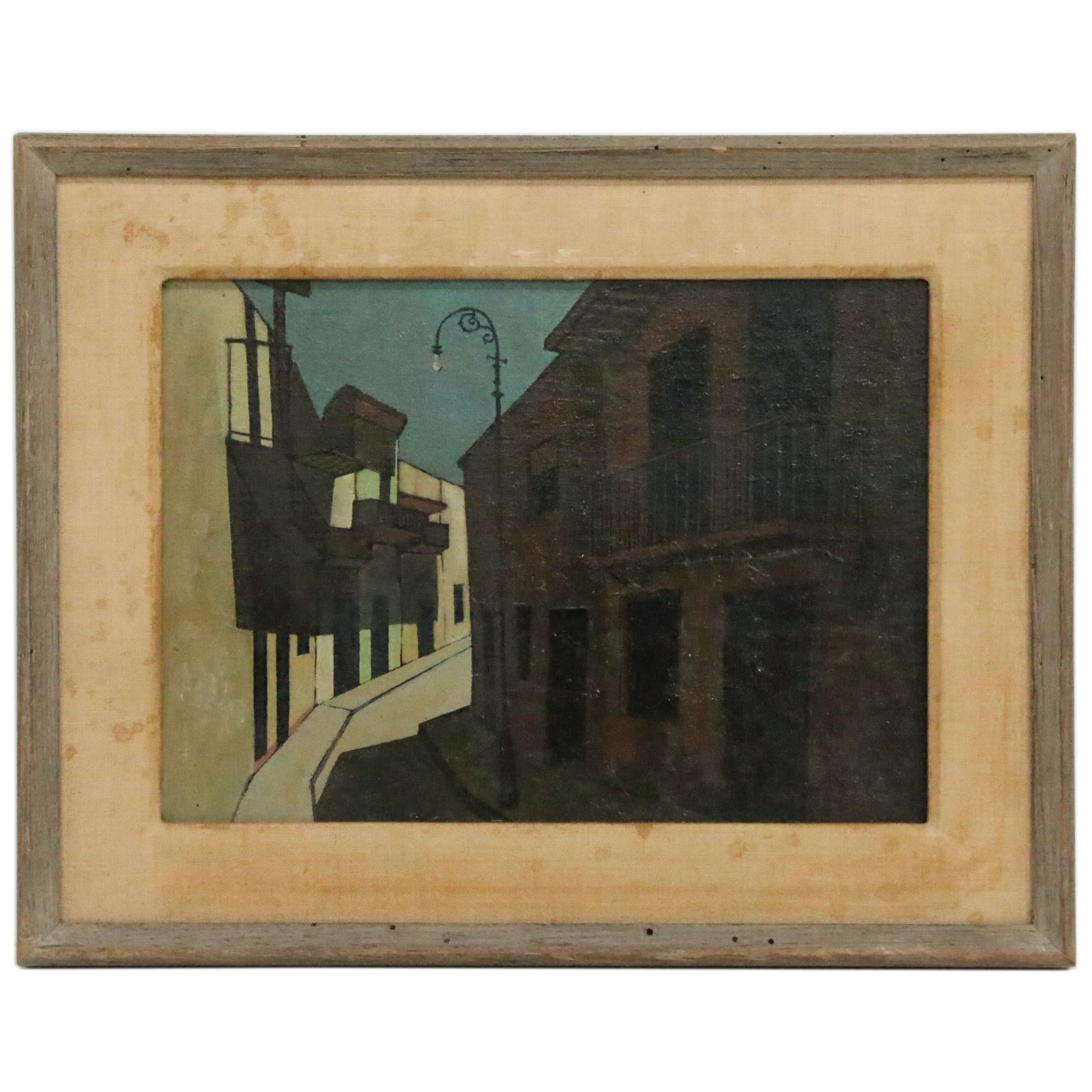 John McGhee Cubist Style Street Scene Oil Painting, Mid-Late 20th Century