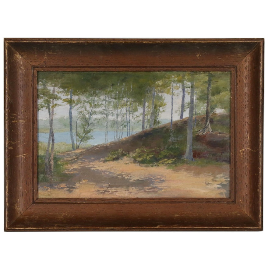 Wooded Landscape with Lake Oil Painting, Mid to Late 20th Century