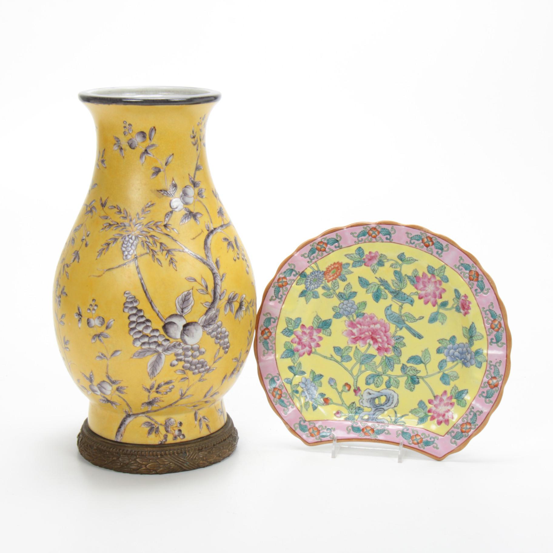 Chinese Hua Rong Tang Zhi Porcelain Vase on Bronze and "Peony on Yellow" Plate