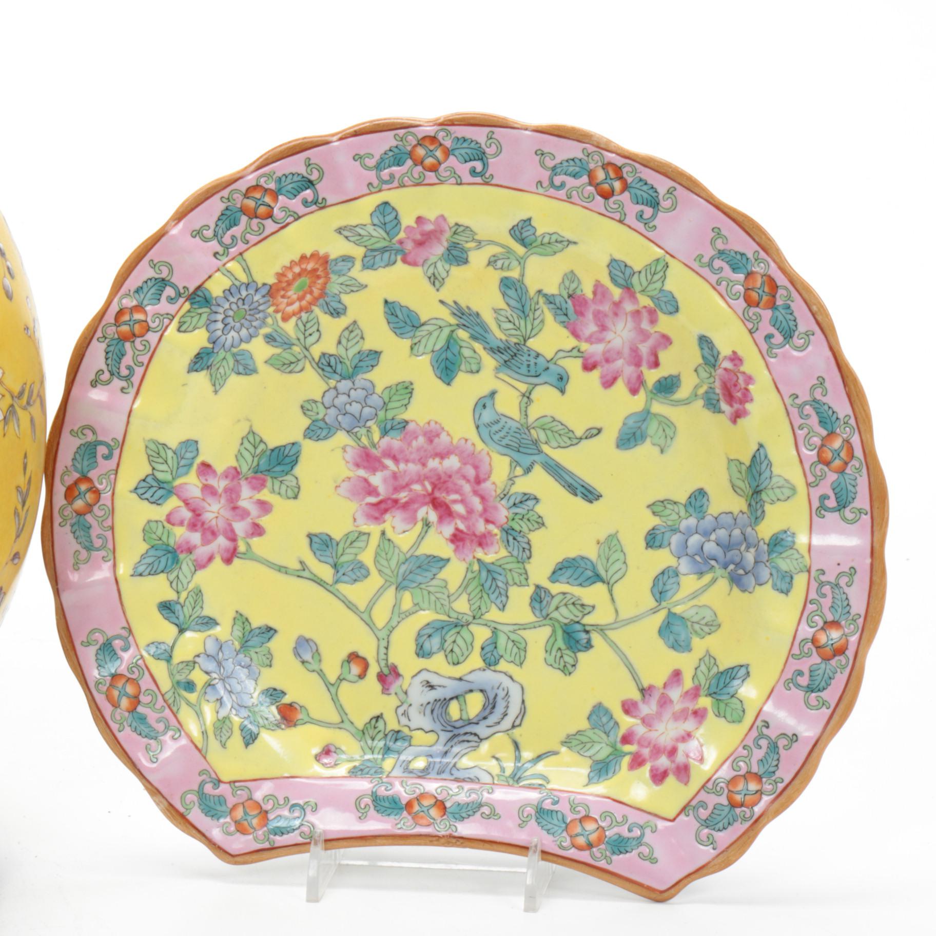 Chinese Hua Rong Tang Zhi Porcelain Vase on Bronze and "Peony on Yellow" Plate