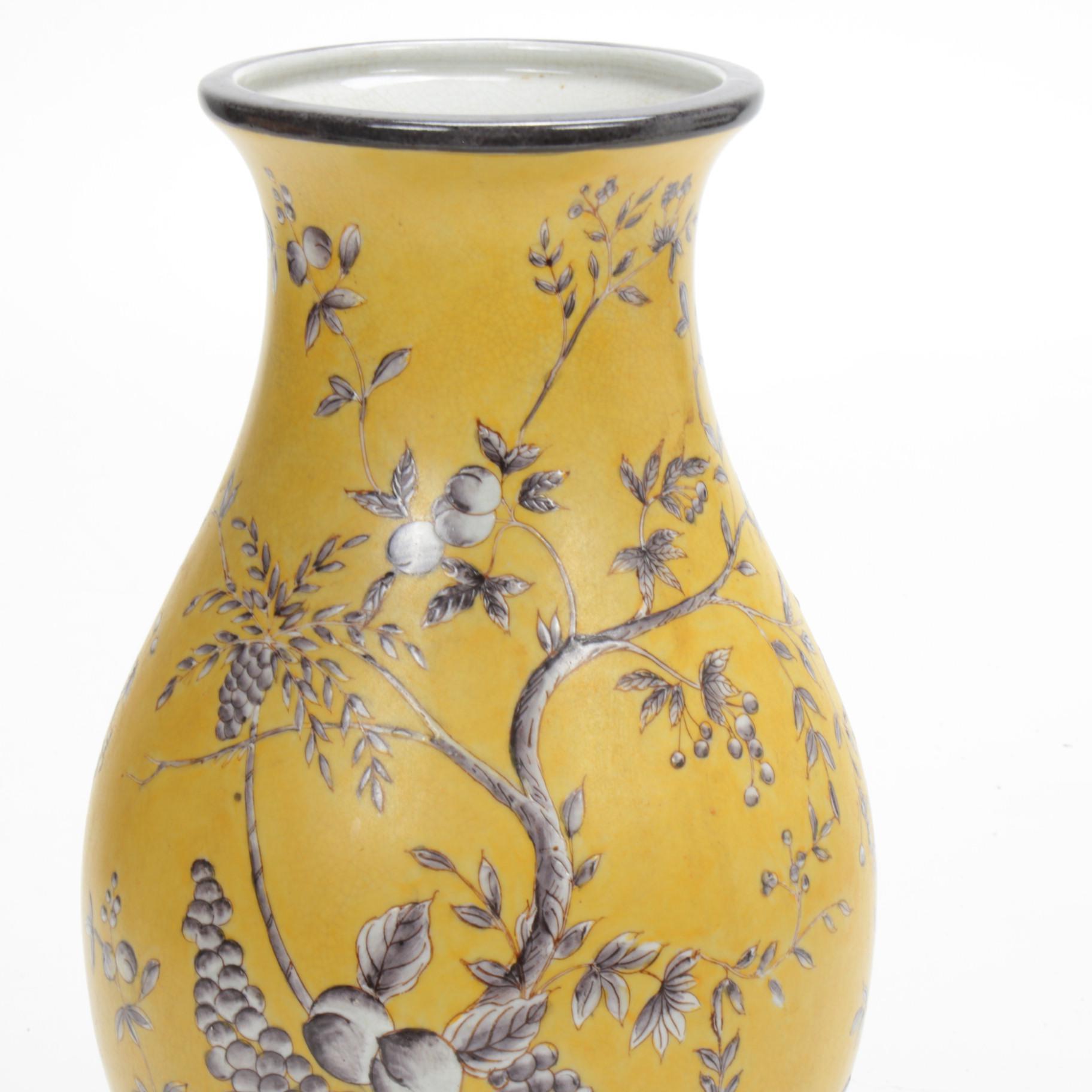 Chinese Hua Rong Tang Zhi Porcelain Vase on Bronze and "Peony on Yellow" Plate