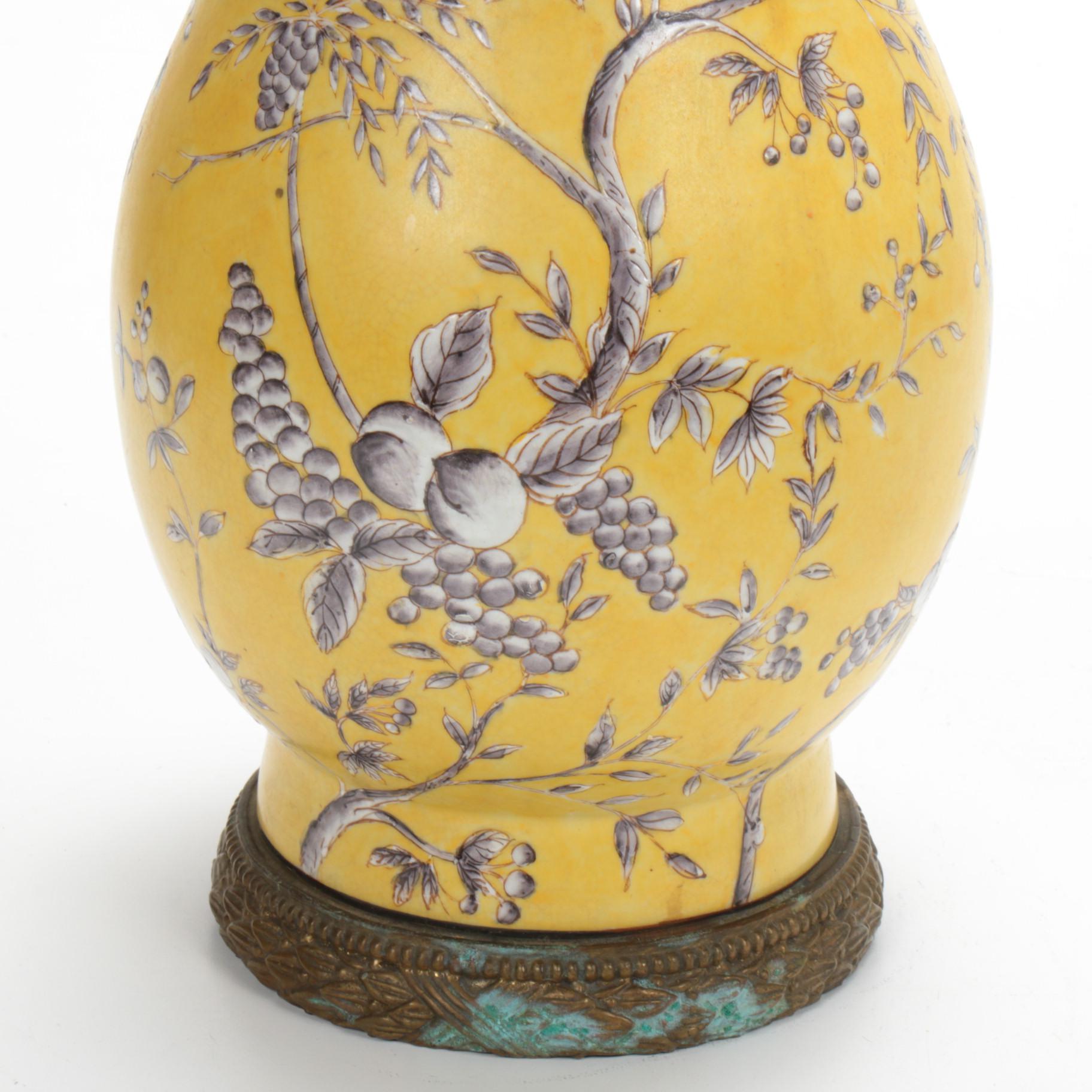 Chinese Hua Rong Tang Zhi Porcelain Vase on Bronze and "Peony on Yellow" Plate