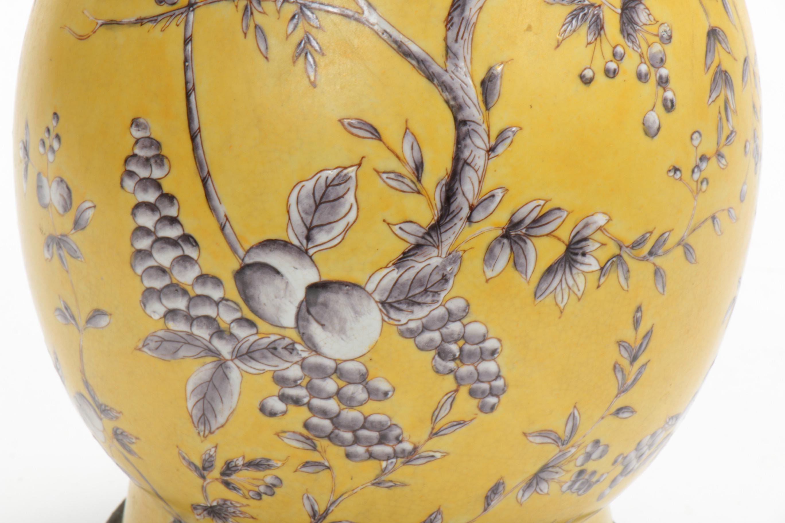 Chinese Hua Rong Tang Zhi Porcelain Vase on Bronze and "Peony on Yellow" Plate