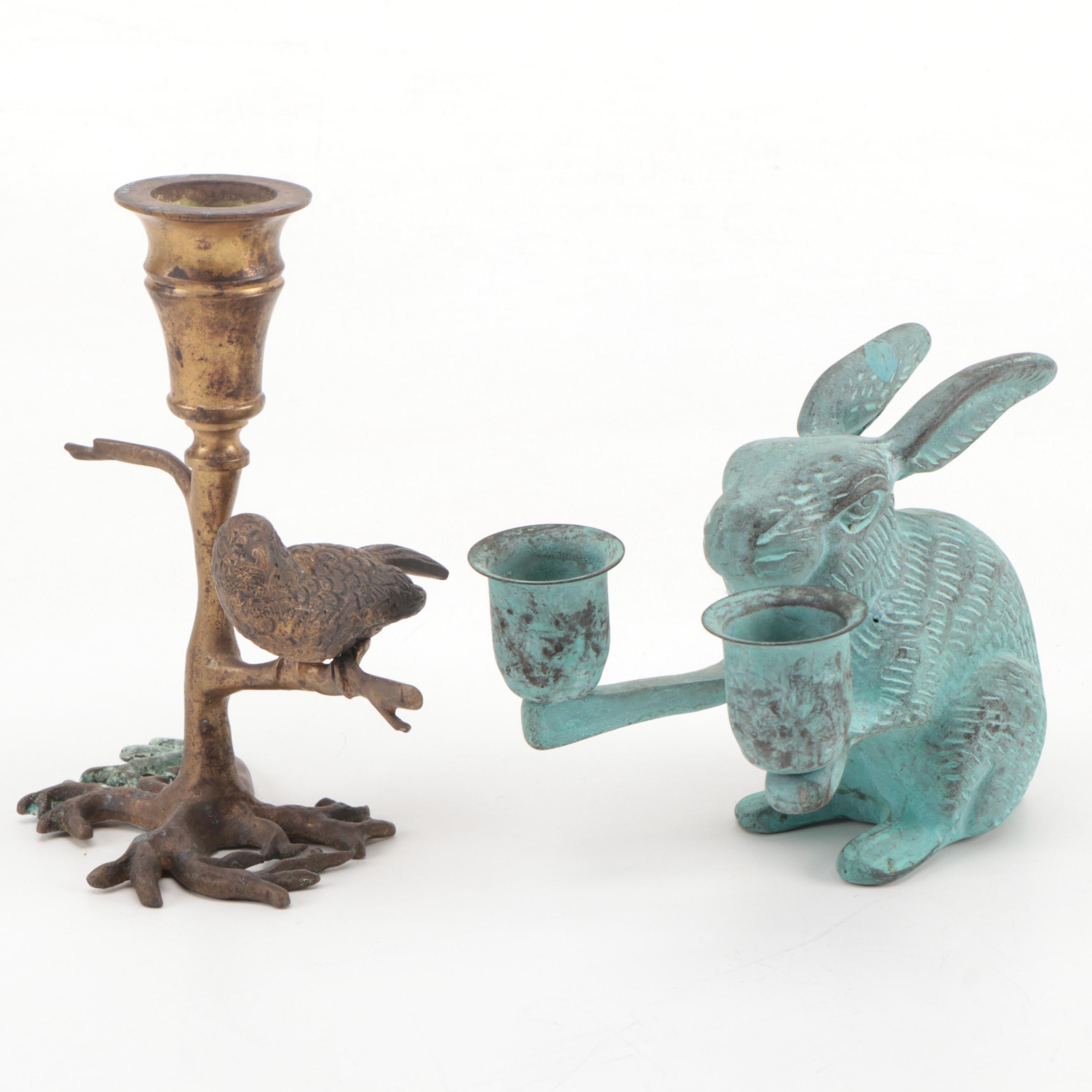 Bronze and Iron Animal Shaped Candle Holders,  Late 20th Century