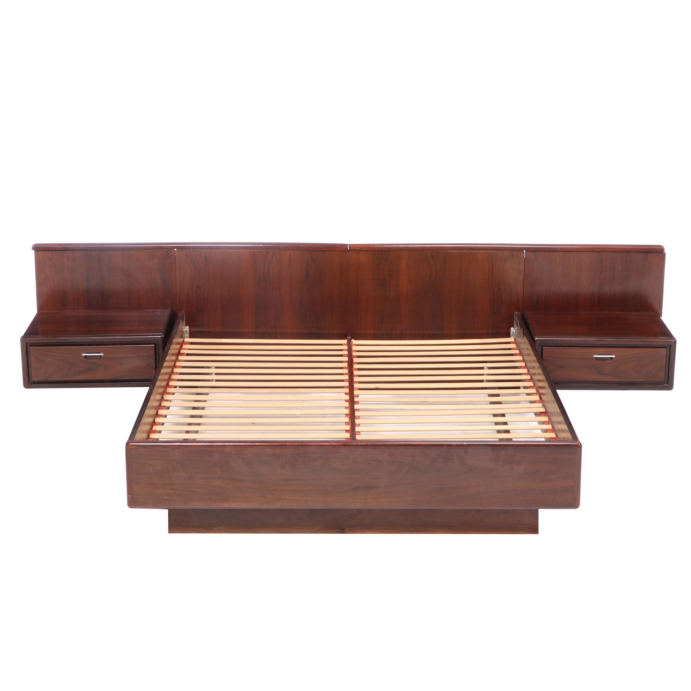 Modernist Rosewood Queen Size Platform Bed Frame with Attached Nightstands